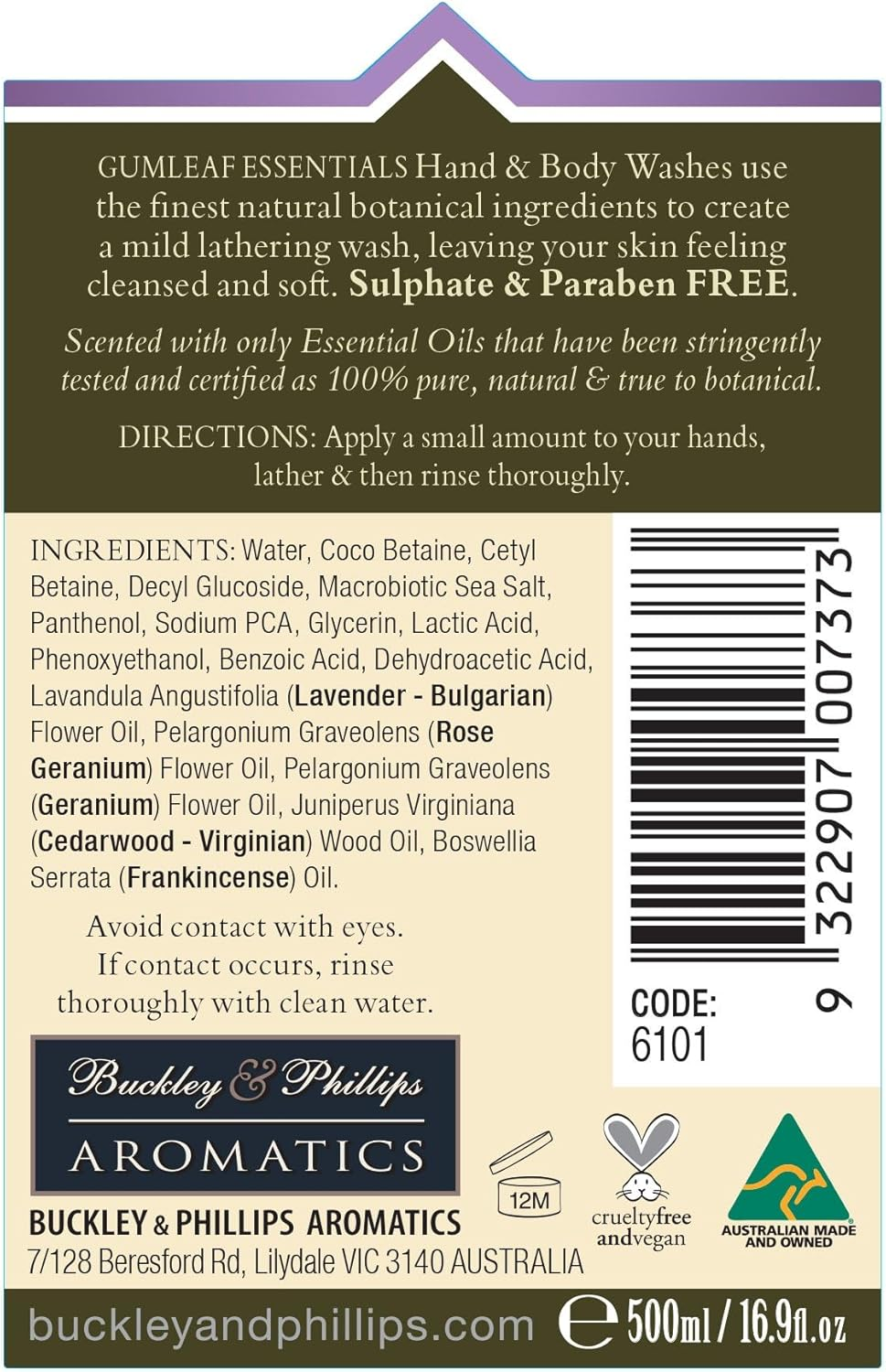 Gumleaf Essentials Relaxing Hand & Body Wash - 500Ml, Australian Made & Owned, Cruelty Free & Vegan, 100% Pure & Natural image number 3