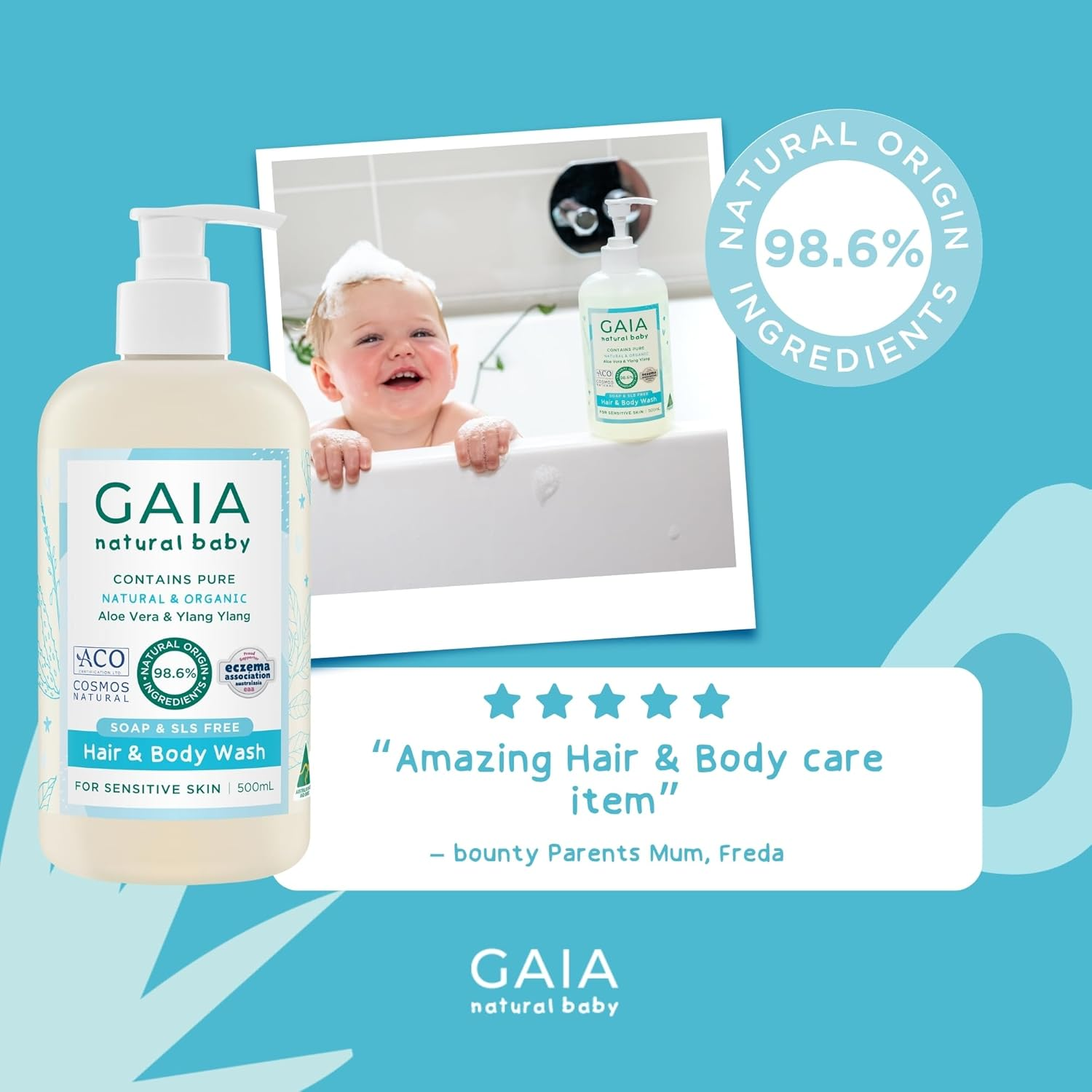 GAIA Natural Baby Hair & Body Wash | Certified Natural | Suitable for Newborns | Sensitive Skin Formula | Organic Aloe Vera | Soap Free | Perfume Free | Gentle Baby Wash | Australian Made | 500Ml image number 1