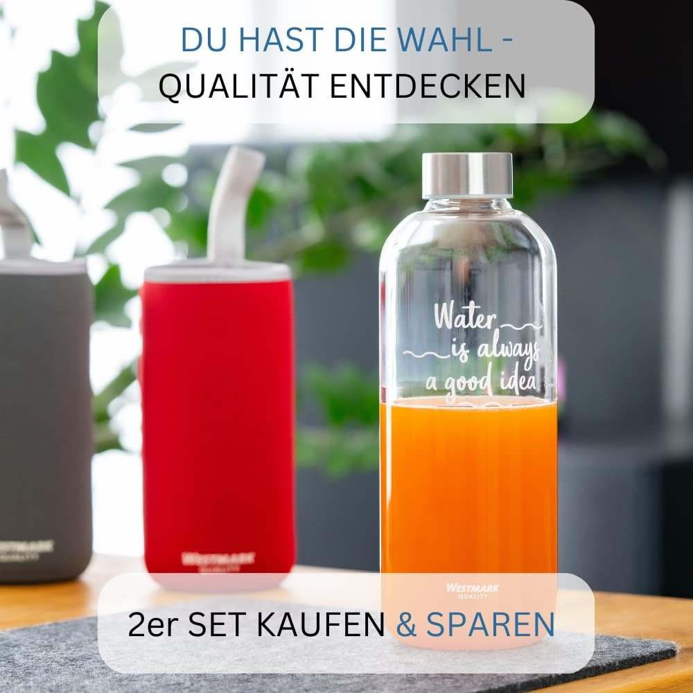 Westmark Drinking Bottle Set 2 Pieces 2 Glass Drinking Bottles with Print, Includes 1 Protective Cover, 1000 Ml, Glass, Silicone, Rubber, Bpa-Free, Viva, Red/Anthracite/Silver/Clear, 5274222E8 image number 3