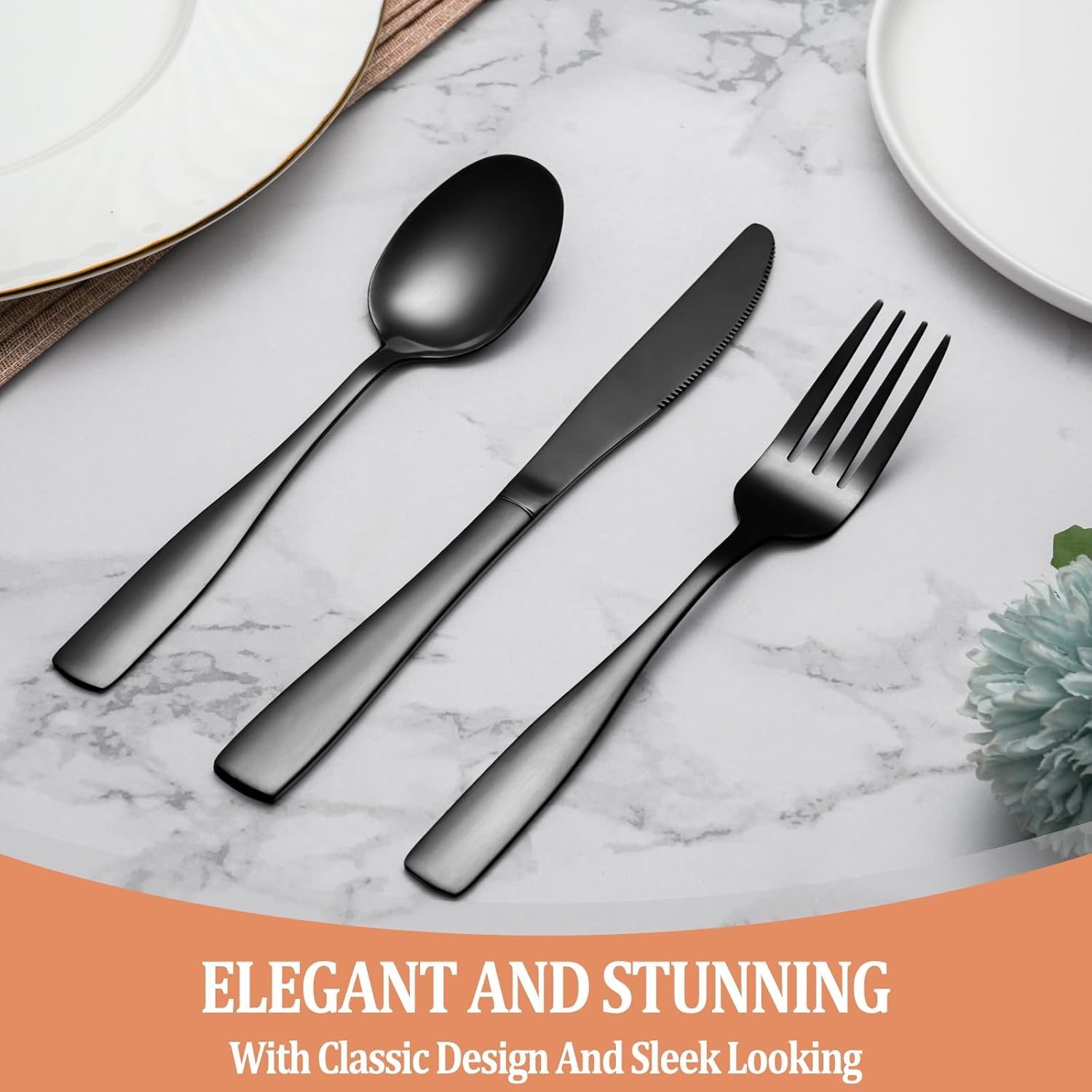 20 Pcs Black Silverware Set, Food-Grade Stainless Steel Flatware Set for 4, Square Cutlery Set, Mirror Polished Tableware Eating Utensils Set for Kitchen, Include Knife Fork Spoon Set,Dishwasher Safe image number 2