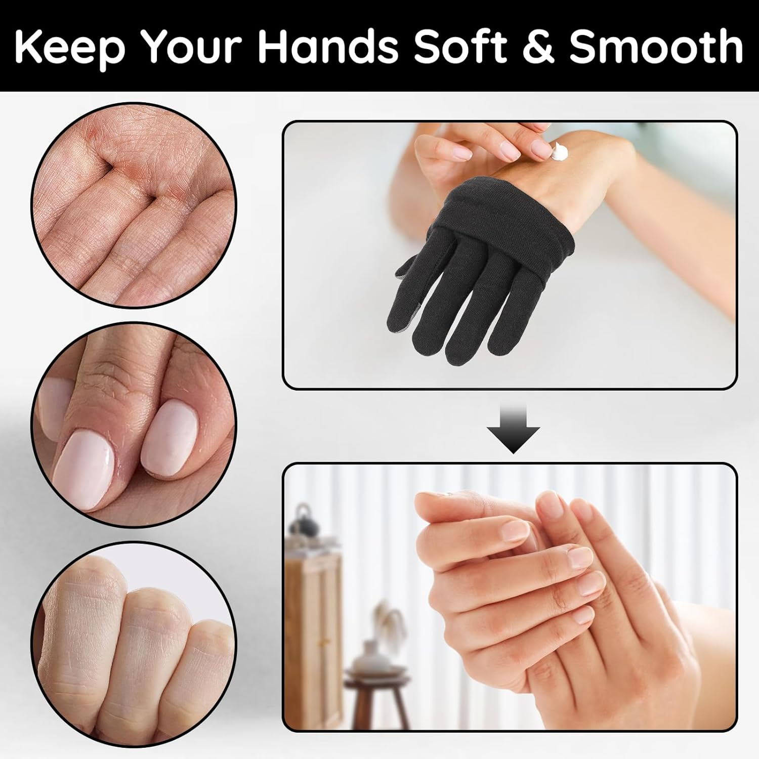 Segbeauty 8 Counts Black Cotton Gloves Touchscreen for Women and Men, 4 Pairs Hand Moisturizer Gloves with Elastic Band, Soft Sleeping Glove for Dry Hands Overnight, Spa Lotion Cotton Glove Liners image number 6