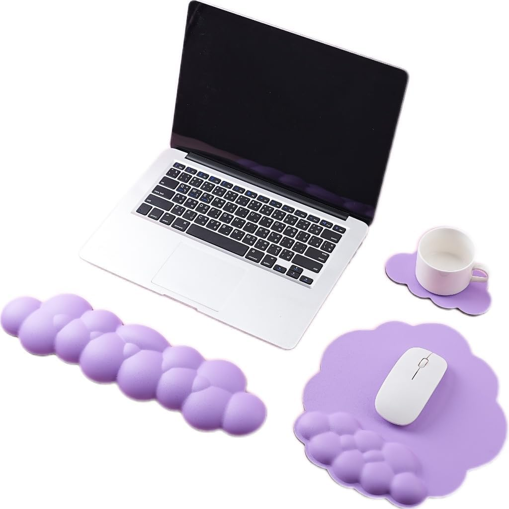 Levieny Cloud Keyboard Wrist Rest 3-Pc Set W/Mouse Pad & Cup Mat - 2025'S Evo Honeycomb Base - Ergo Non-Slip Purple Cushion for Pc/Gaming/Office（Black）