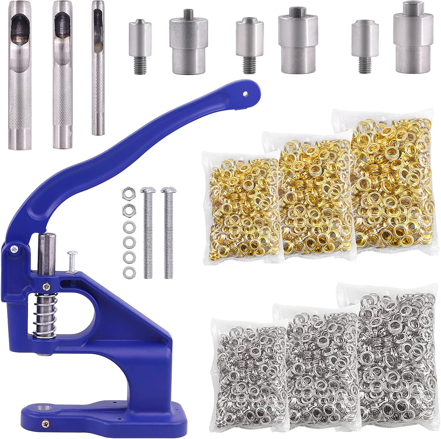 Rustark 3007Pcs Hand Press Grommet Machine 3 Dies Heavy Duty Eyelet Hole Punch Tool Kit W 3000Pcs Grommets Eyelets, 3Pcs Installing Tools Rivet Press Setter for Curtains Bag Belt Jeans Shoes, 0#2#4 image number 2