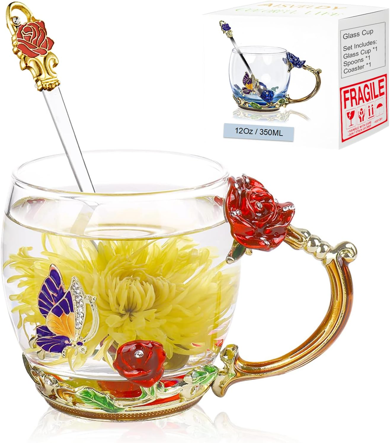 Flower Tea Cup,Butterfly Daisy Glass Fancy Coffee Mug with Spoon,Gift Box for Her Mom Wife Grandma Girls Friends Valentines Christmas Birthday Present Idea for Juice,Hot/Cold Drinks Use (Red Rose) - Blue Rose image number 4