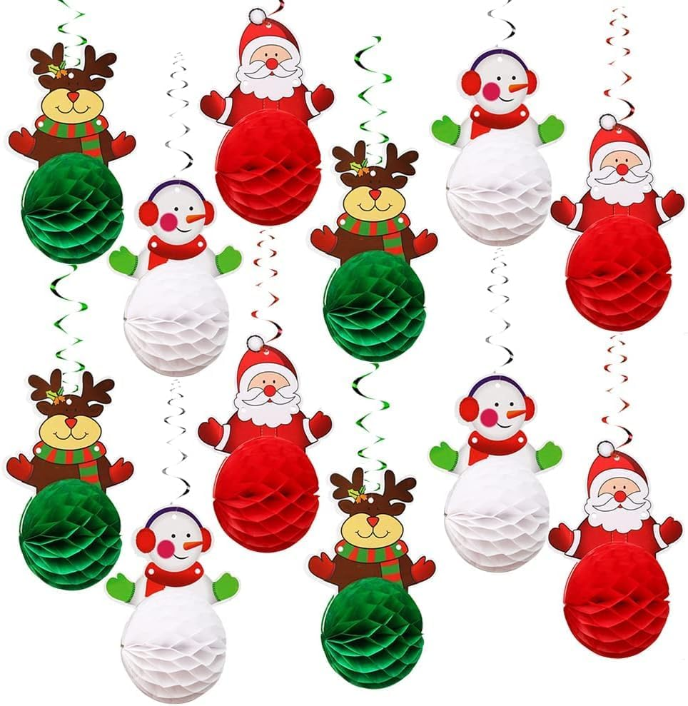 12 Pcs Christmas Decorations Set Christmas Decoration Honeycomb Balls Christmas Hanging Swirls Decorations Balls Santa Reindeer Snowman Ceiling Swirls Dangling Decorations image number 1