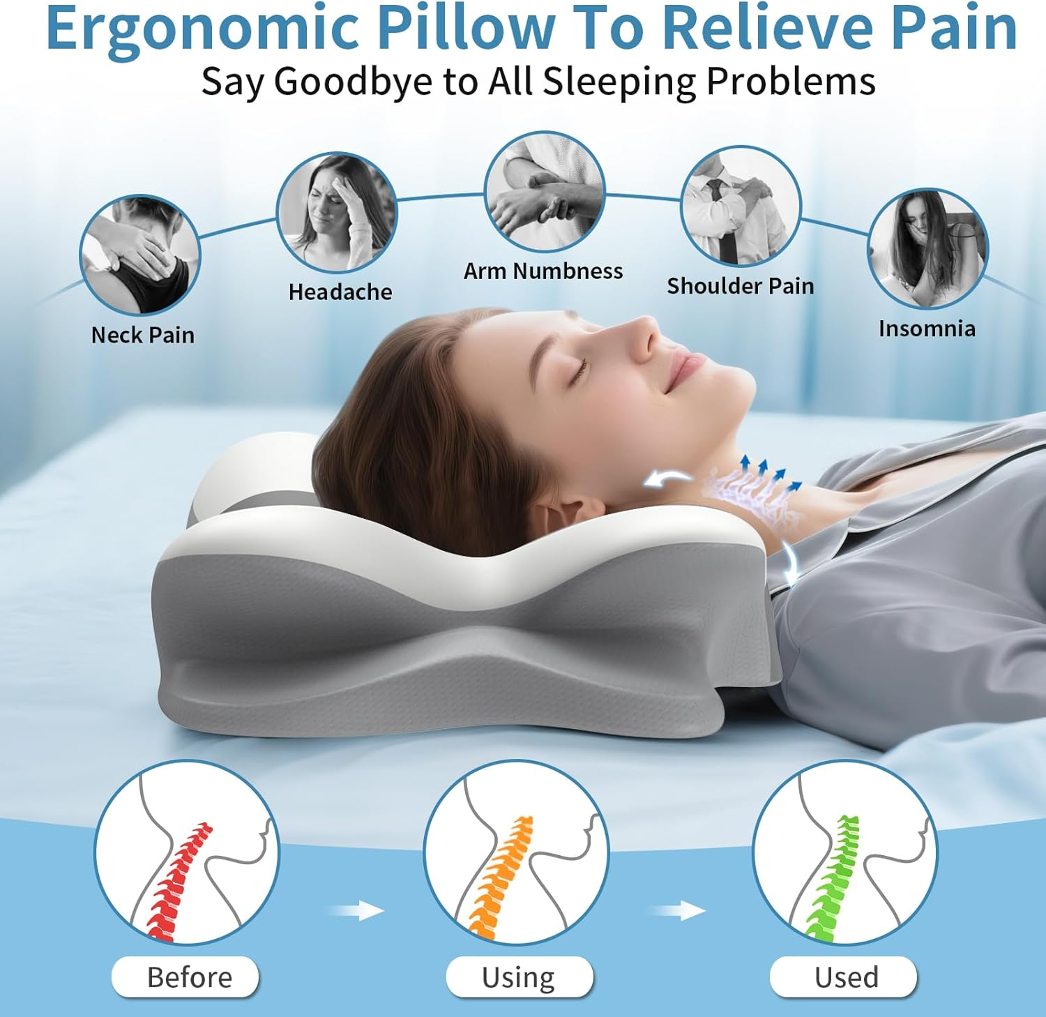 Cervical Neck Pillow for Pain Relief - Ergonomic Side Sleeper Pillow for Neck Support, Cooling Memory Foam Pillows for Sleeping, Contour Pillow Orthopedic Bed Pillow for Back Stomach Sleepers image number 6