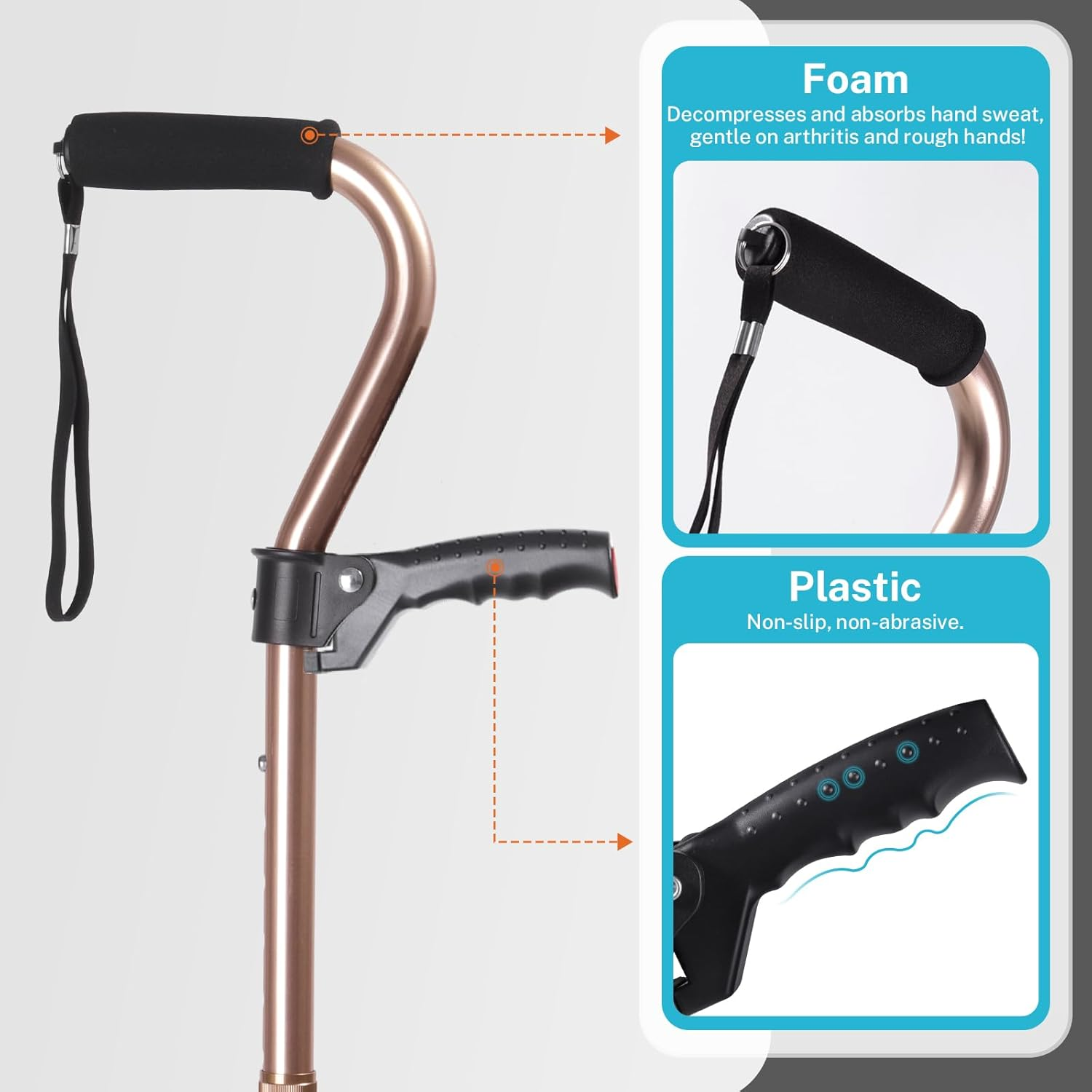 Adjustable Walking Cane for Men & Women &ndash; 4-Pronged Base for Stability &ndash; Foldable Cane for Seniors with Foam Padded Offset Handle(Champagne)