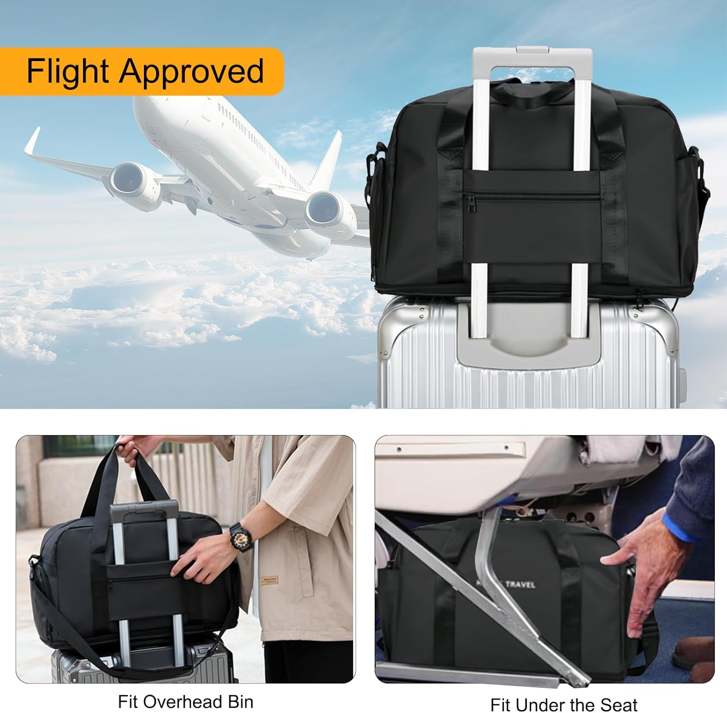 Expandable Travel Duffel Bag for Women Men, Overnight Weekender Bag with Shoes Compartment, Shoulder Large Carry on Bag or Gym Tote Bag for Sports Travel Hospital, Black