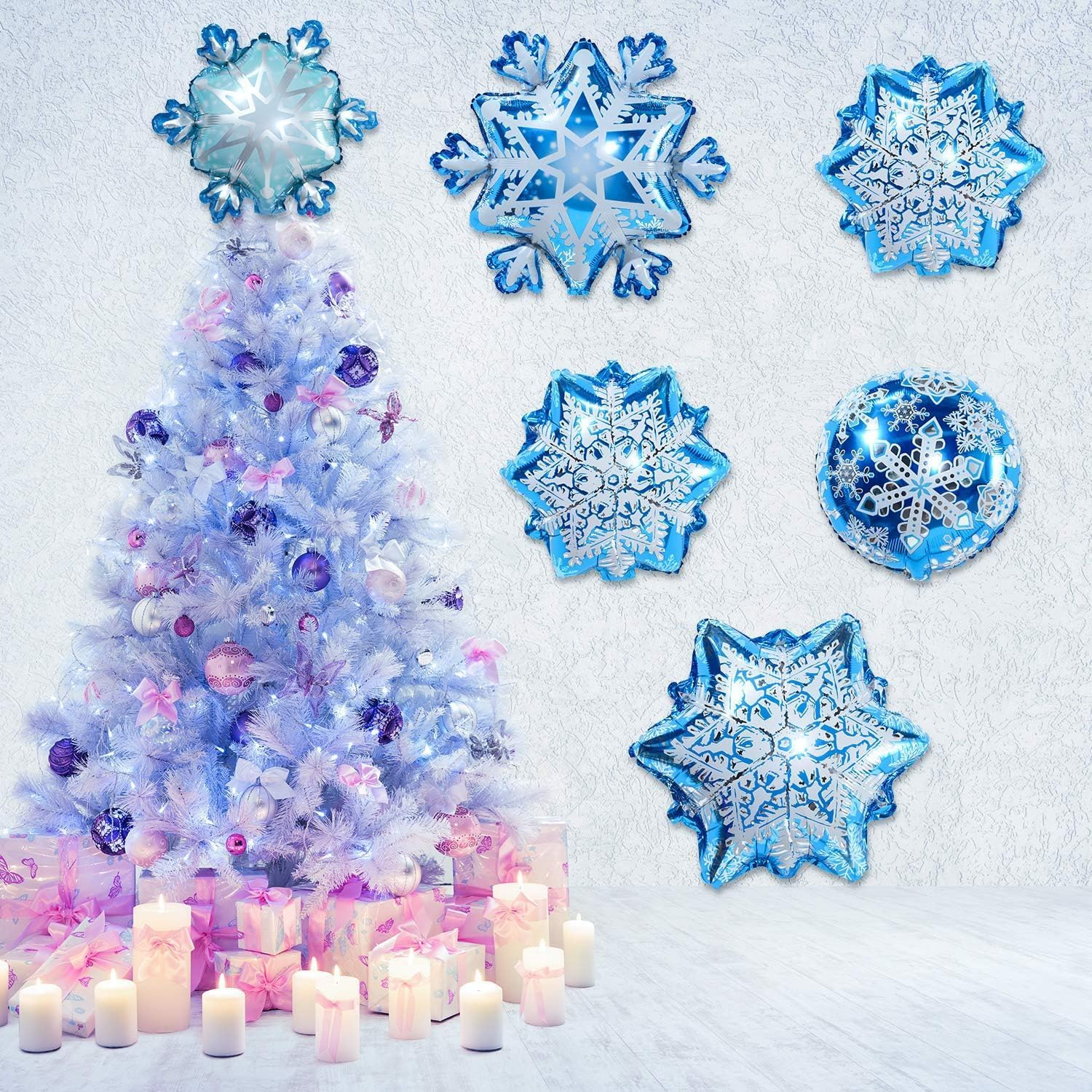 10 Pieces Large and Small Snowflake Balloons Snowflake Aluminum Foil Balloons for Christmas Winter Frozen New Year Birthday Theme Party Supplies image number 1