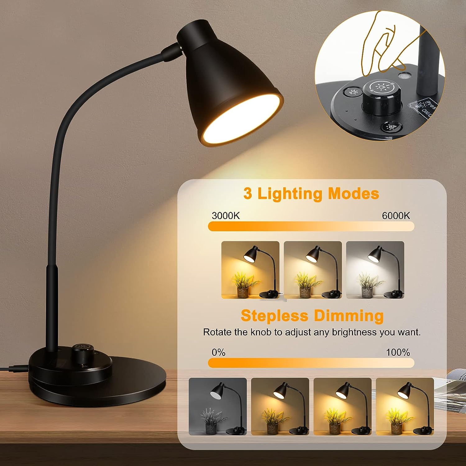 Eocean LED Desk Lamp, Dimmable beside Table Lamp with USB Charging Port, Rotary Switch Study Lamp with Intelligent Induction Auto, Flexible Gooseneck Reading Light for Home Office, 3 Color Modes image number 1