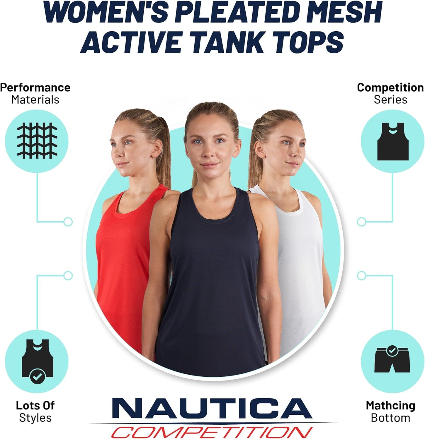 Nautica Competition 3 Pack Workout Tank Tops for Women Active Athletic Gym Workout Running Exercise Yoga Dry-Fit Fabric image number 2