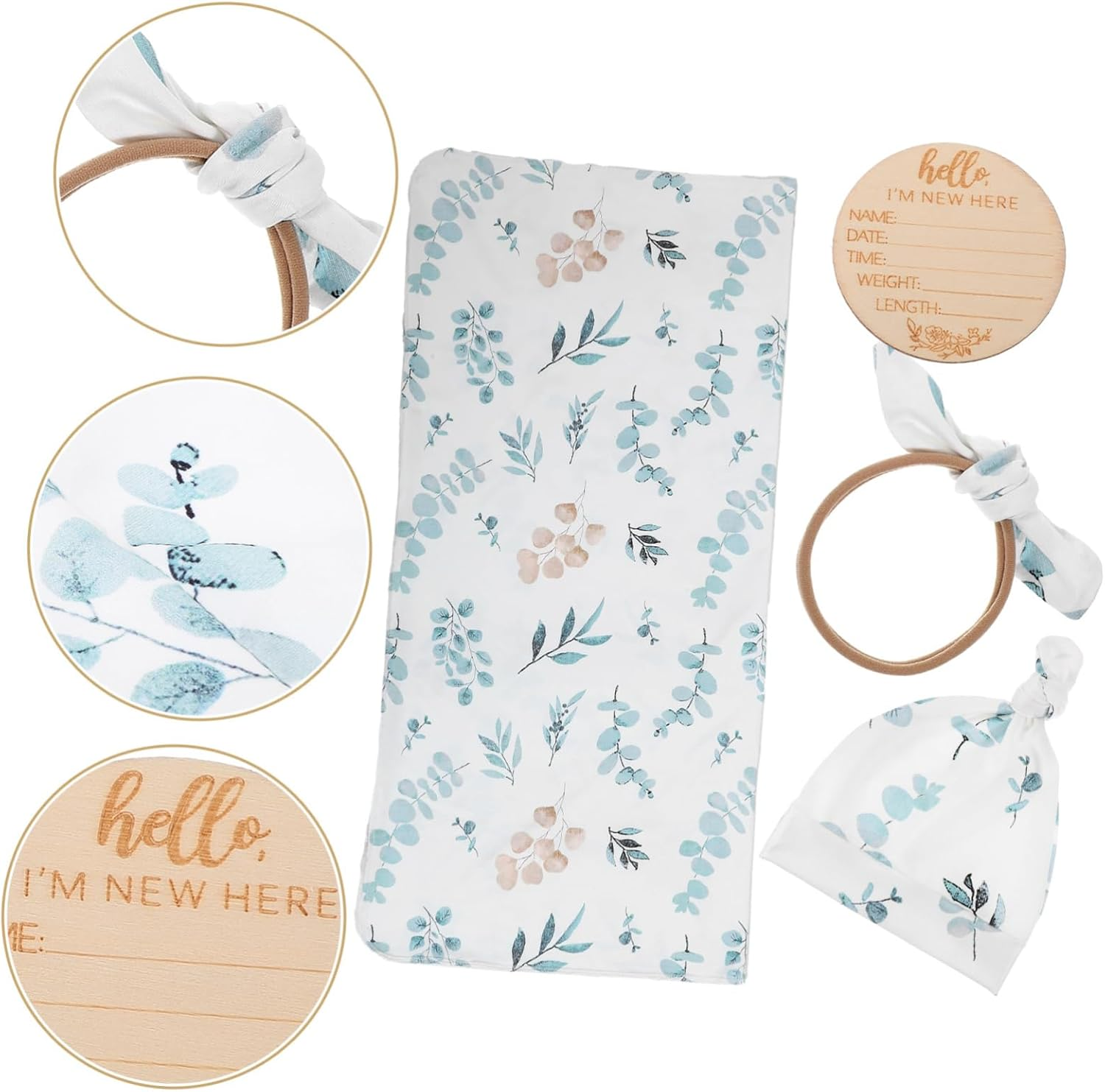 1 Set Newborn Set with Hat Headband Cute Eucalyptus Announcement Prop Soft Comfortable Breathable for Photography Keepsake image number 3
