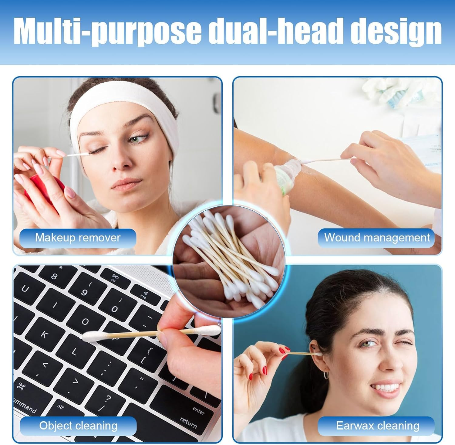 Cotton Swab, 500 Pcs Bamboo Cotton Swabs, round Tips Cotton Swabs for Makeup, Ears, Pet, Electronics Cleaning (White)