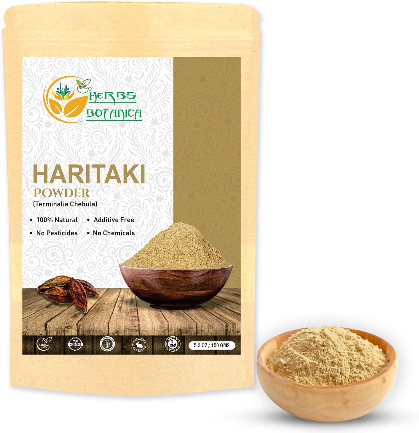 Herbs Botanica Pure Natural Haritaki Powder (Harad) (Terminalia Chebula) | 5.3 Oz (150 GMS) | Herbs from India | for Detoxication | Colon Cleanser | Healthy Colon | Vegan image number 1