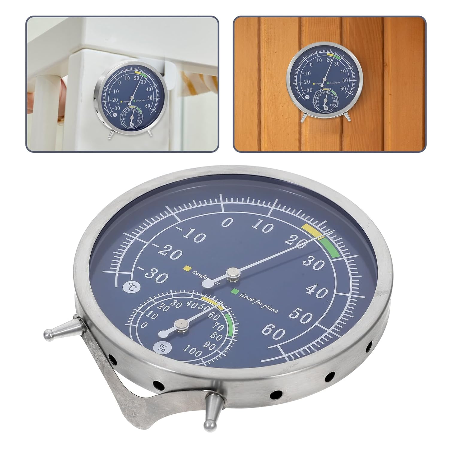 INOOMP High Precision Analog Hygrometer Thermometer Indoor Temperature Humidity Gauge Stainless Steel Wall Mount Tabletop Sauna Environment Monitor image number 5