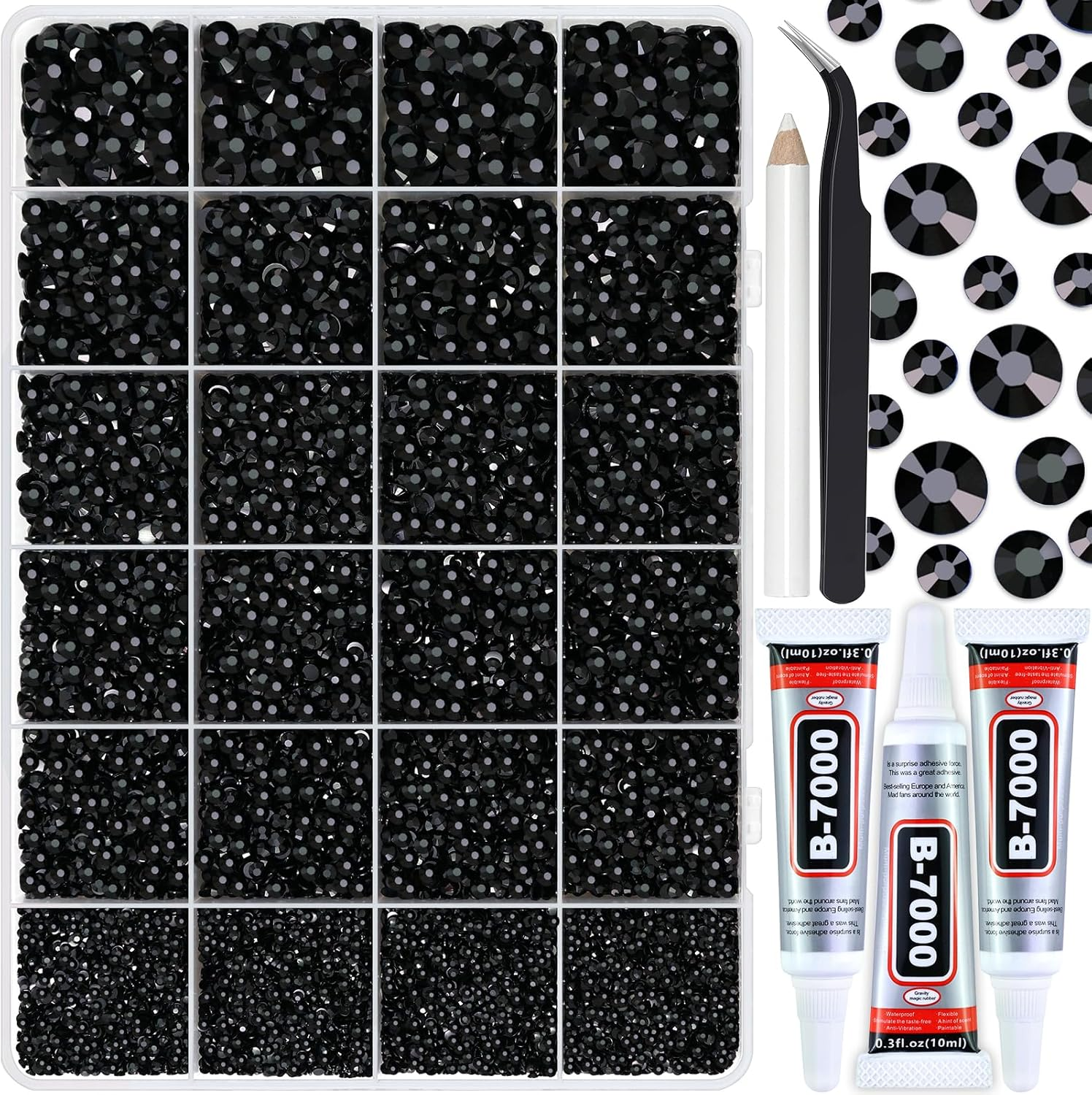 Briskbloom 25000PCS Jet Black Jelly Rhinestones, 2Mm 3Mm 4Mm 5Mm 6Mm Resin Flatback Rhinestones for Crafts Tumblers Shoes Celebration Makeup, Graduation Cap Bling Gems with B7000 Glue, Solid Black image number 1