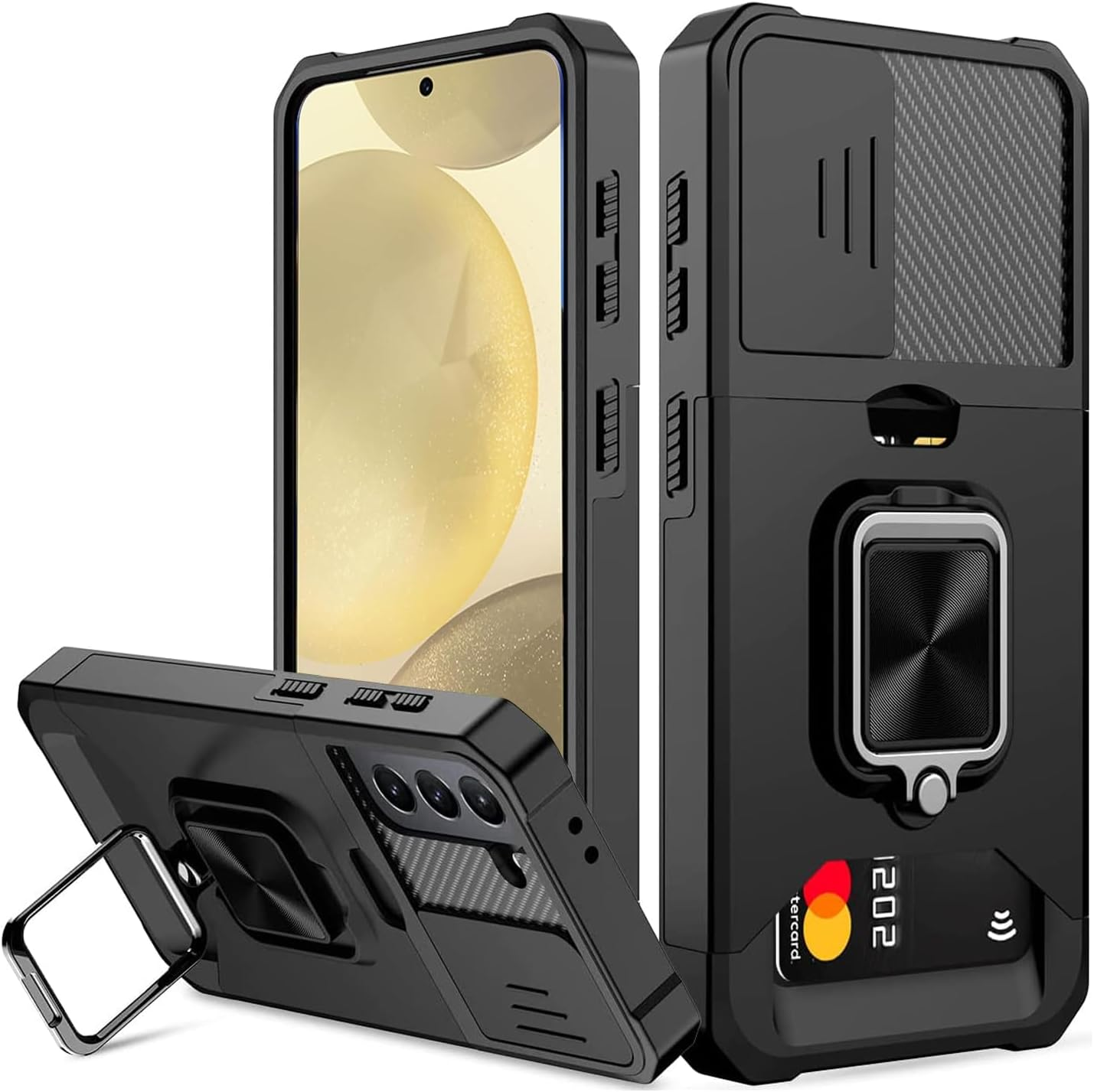 JOYCHER for Samsung Galaxy S24 Case Phone Cover Slide Camera Cover & Card Holder Slot 360&deg; Ring Kickstand Tough Heavy Duty Defender Armor Shockproof Military Galaxy S24 Wallet Case