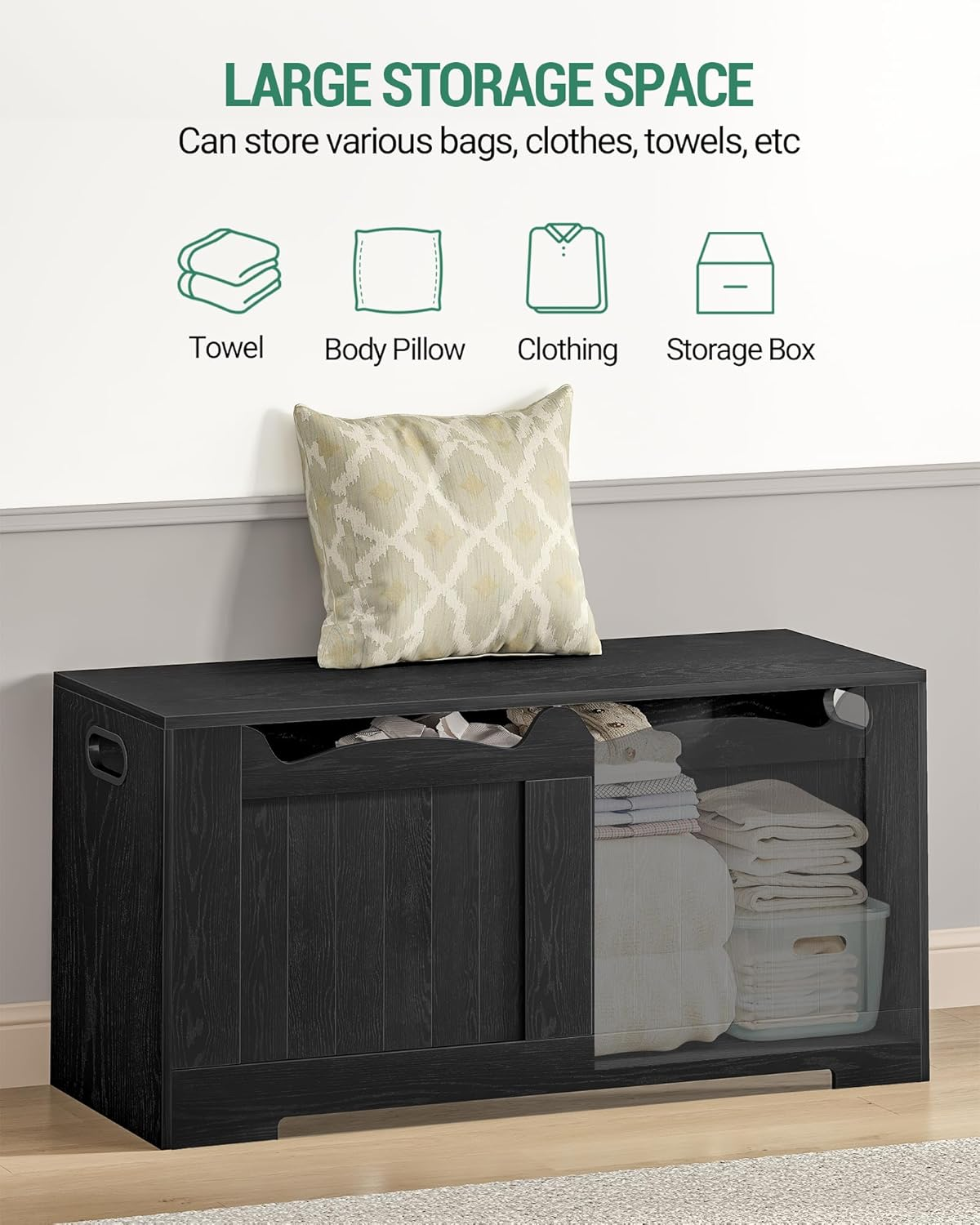 Hzuaneri 39.4" Storage Chest, Storage Bench Trunk with 2 Hinges,Wooden Box, Lift-Top Chest Organizer, Shoe Bench for Entryway, Bedroom, Living Room, Black SB01004X image number 3