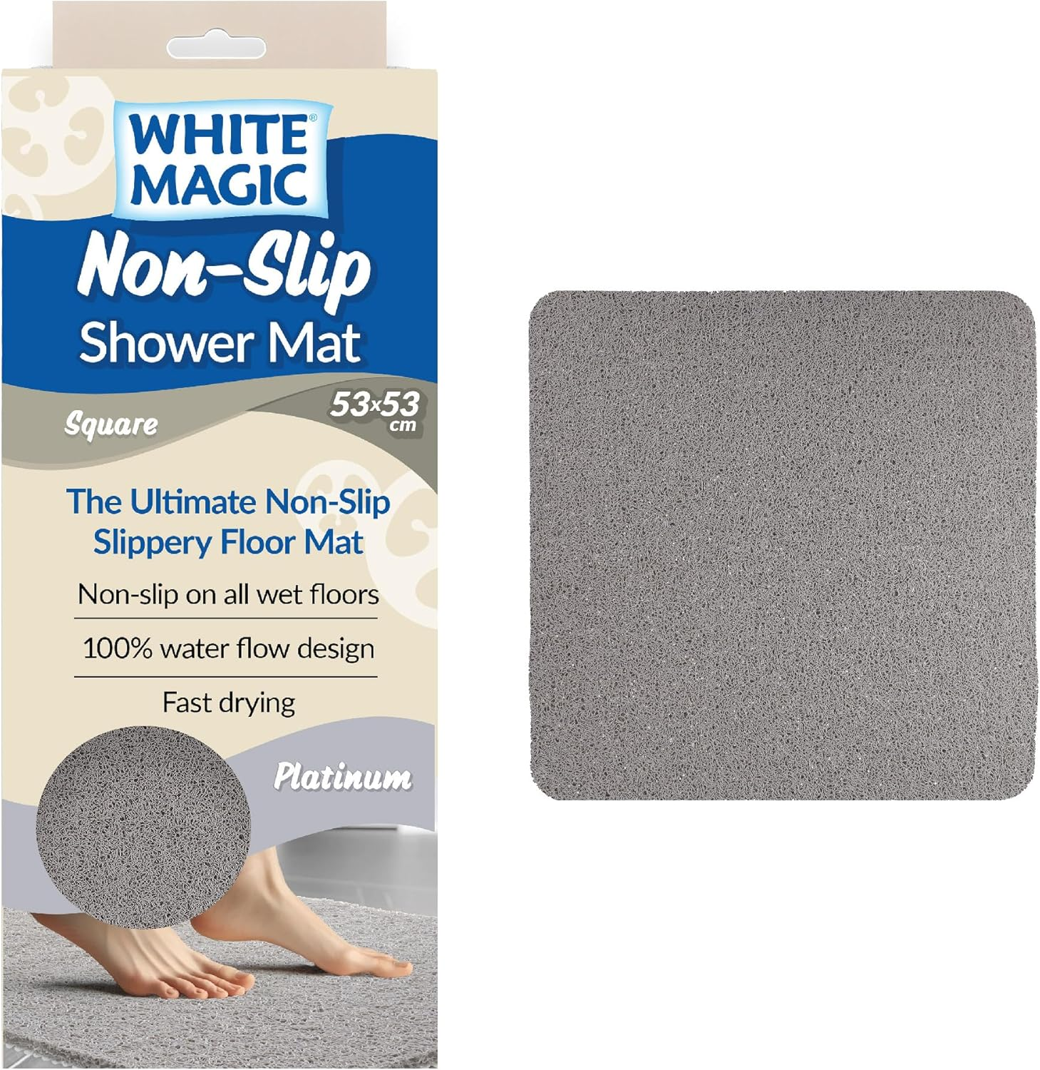 White Magic Non-Slip Shower Mat Square, 53X53 Cm, Anti-Slip, Fast Drying, 100% Water Flow, Durable & Machine Washable &ndash; Ideal for Small Showers, Bathtubs, Bathrooms, and Boats (Platnium)