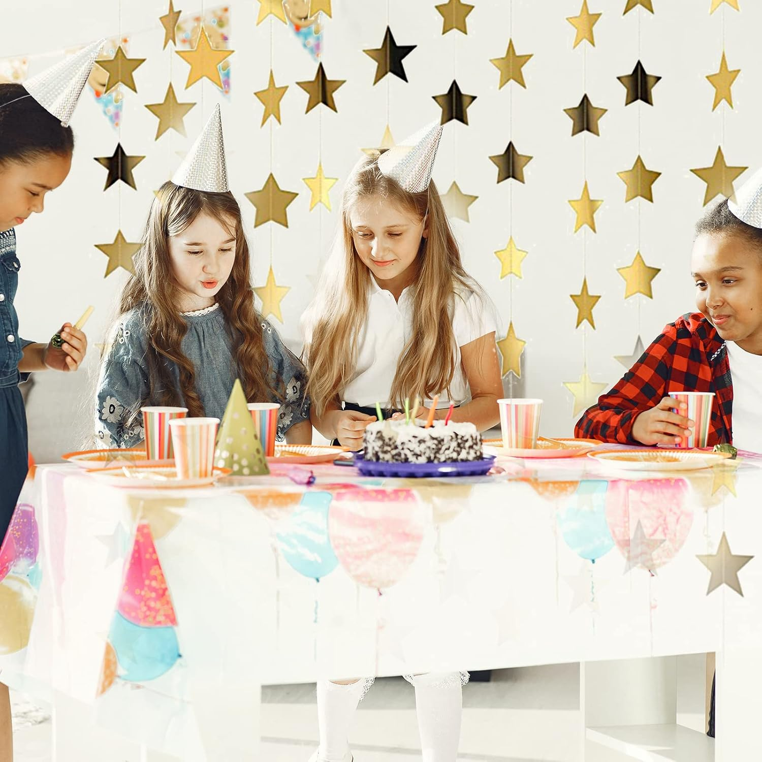 52 Feet Reflective Star Paper Garland, Sparkling Star Bunting Banner Hanging Decoration Twinkle Little Stars Party Garlands Glitter Stars Garland Streamer Kit for Birthday Wedding Banner Backdrop,Gold image number 3