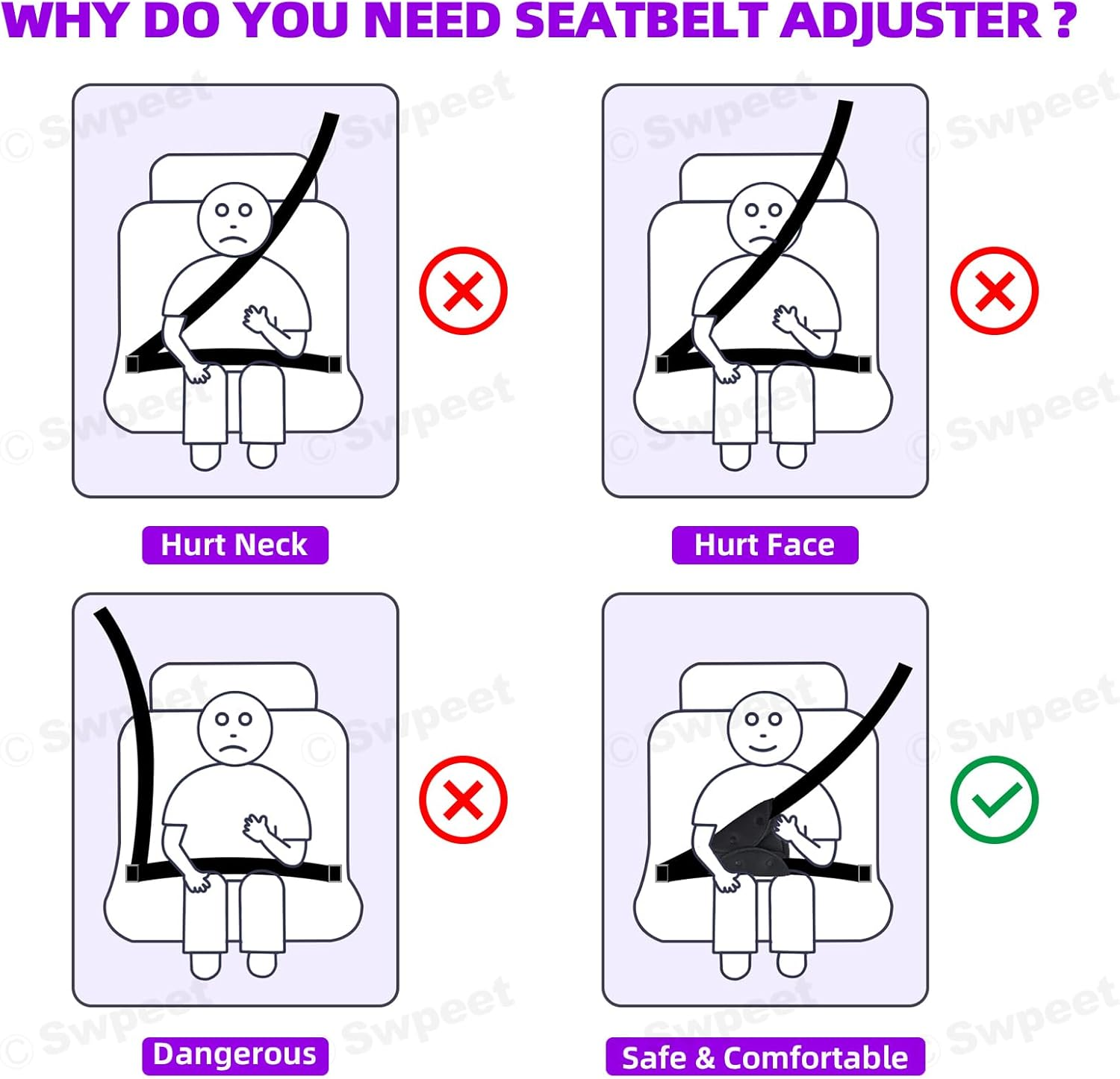 Swpeet 2Pcs Black 7.3 X 9.1 Inches Seat Belt Adjuster, Auto Shoulder Neck Strap Adjuster Strap Protector Pad, Safety Strap Triangle Positioner Seat Belt Clips Ideal for Adult Toddler Baby Child image number 1