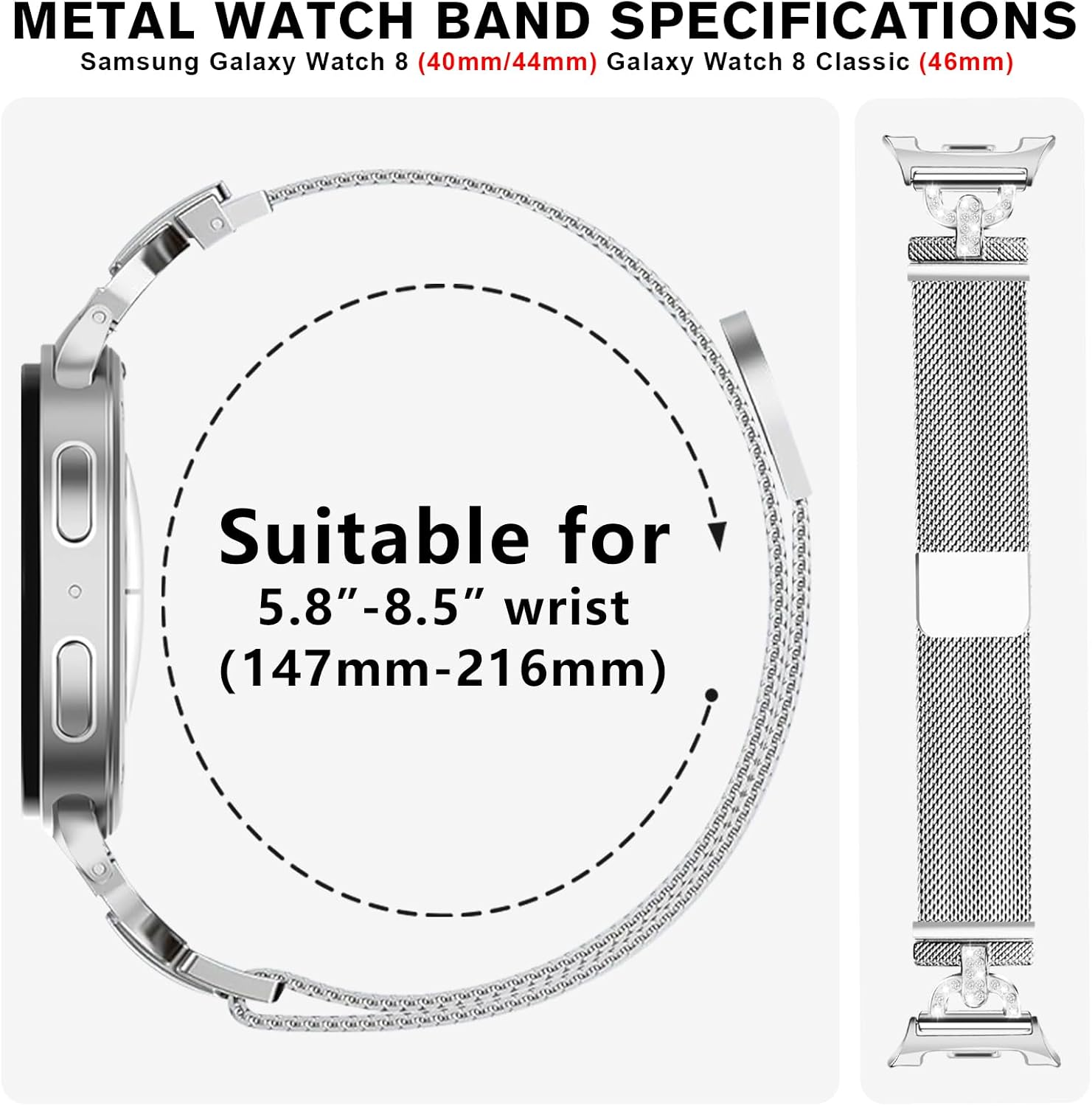 HAYONLIY Metal Magnetic Bands Compatible with Samsung Galaxy Watch 8 40Mm 44Mm/Galaxy Watch 8 Classic 46Mm, Mesh Stainless Steel Dressy Wristband with D-Shape Diamond Women(No Case) - Rose Gold image number 4