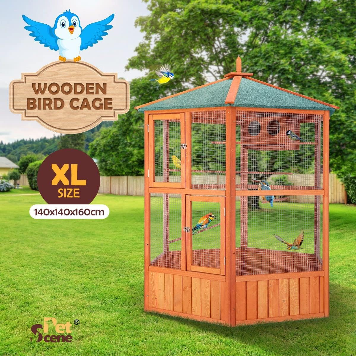 140X140X160Cm Bird Cage Aviary Wooden Coop Animal Enclosure Parrot Budgie House XL Size