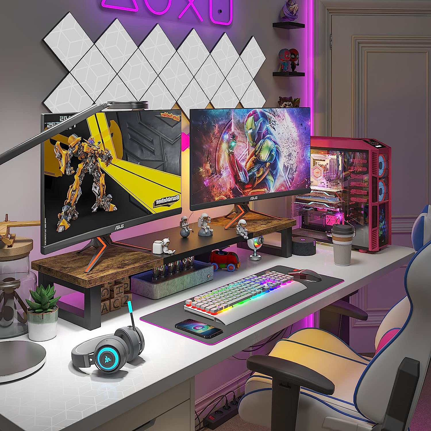 WESTREE Dual Monitor Stand Riser, Wood and Steel Monitor Stand Riser, Computer Monitor Stand for 2 Monitors, Multi-Purpose Desktop Storage Stand for Computer,Laptop,Printer,Tv image number 6