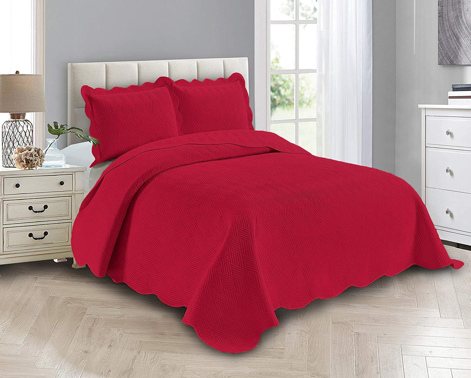 Linen plus Luxury Oversized Coverlet Embossed Bedspread Set Solid Red Full/Queen Bed Cover New # Ashley image number 3