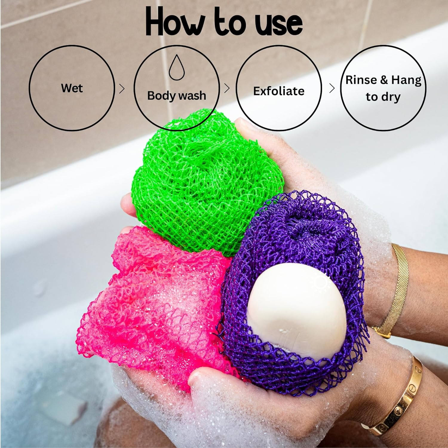 AFRIKI African Net Sponge, African Exfoliating Sponge, Black Owned, Exfoliating Washcloth, Body Exfoliator for Bath and Shower, Back Scrubber, Dead Skin Remover (Green, Purple, 1 Count (Pack of 2)) image number 5