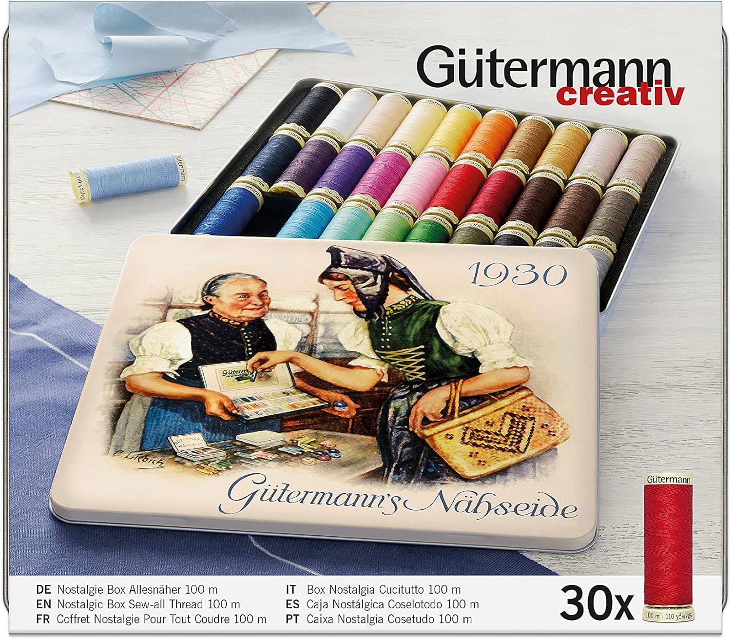 GUTERMANN Nostalgic Box Sew-All Thread 100MT 30 SPOOLS Assorted Colours 1930 image number 5