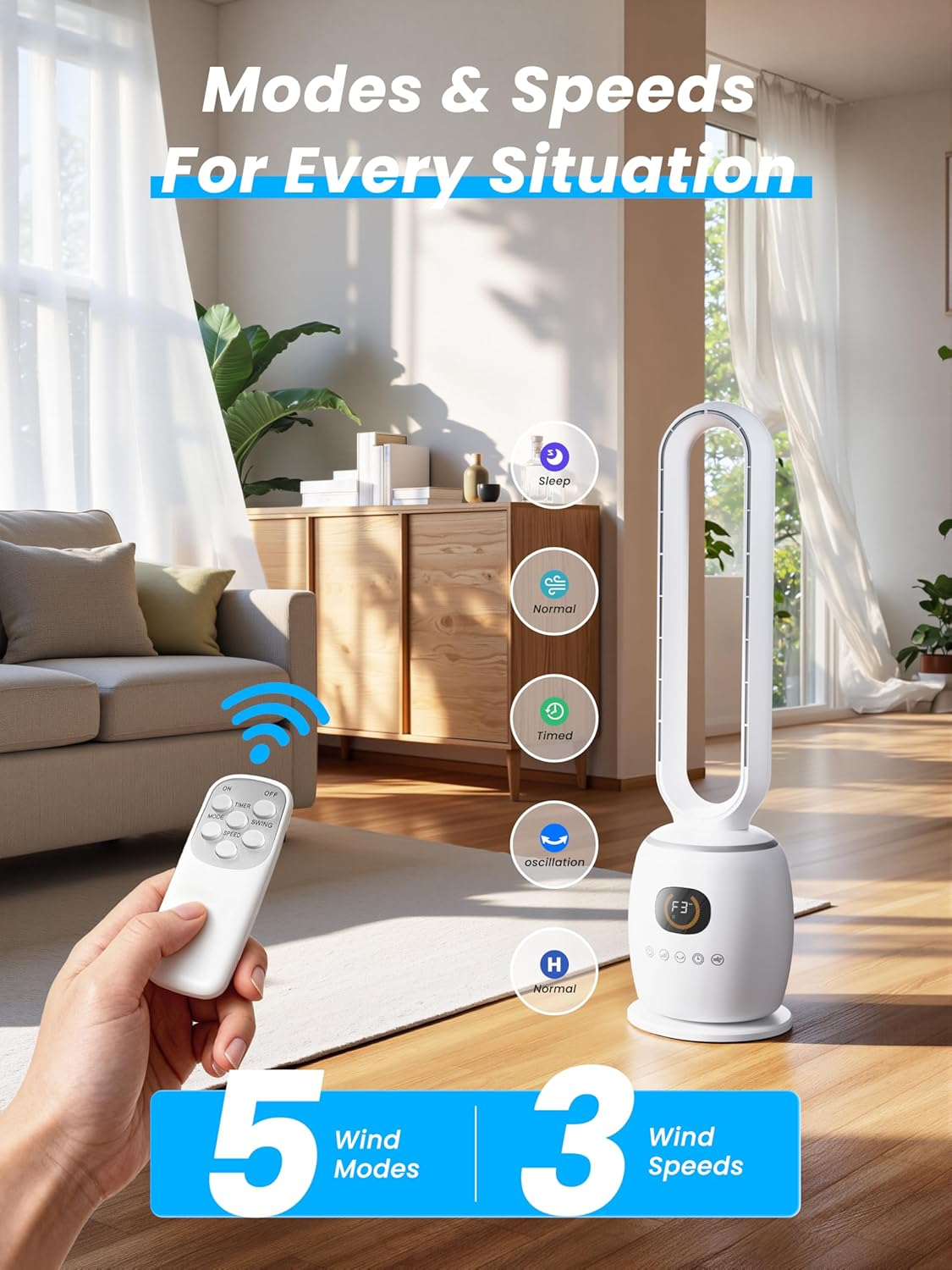 STORMHERO Tower Fan Bladeless - Quiet Tower Fans for Rooms with Remote, Oscillating Bladeless Fan 3 Modes, 3 Speeds, 12H Timer Pedestal Fans, Standing Floor Fan for Home, Bedroom, Baby Room, Office - White image number 6