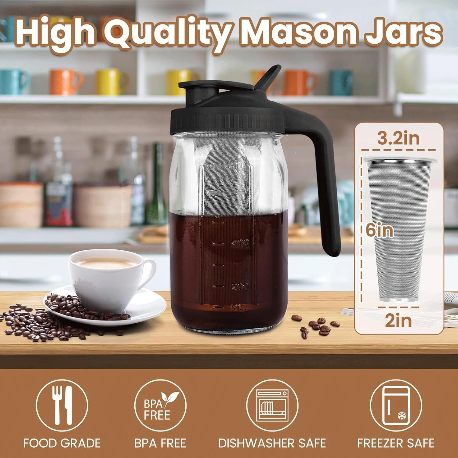 Cold Brew Coffee Maker,32 Oz Mason Jar Pitcher with Stainless Steel Filter, Pour Spout Handle Lid, Heavy Duty Glass Airtight & Leak-Proof Pitcher for Iced Coffee Tea Lemonade-Black image number 1