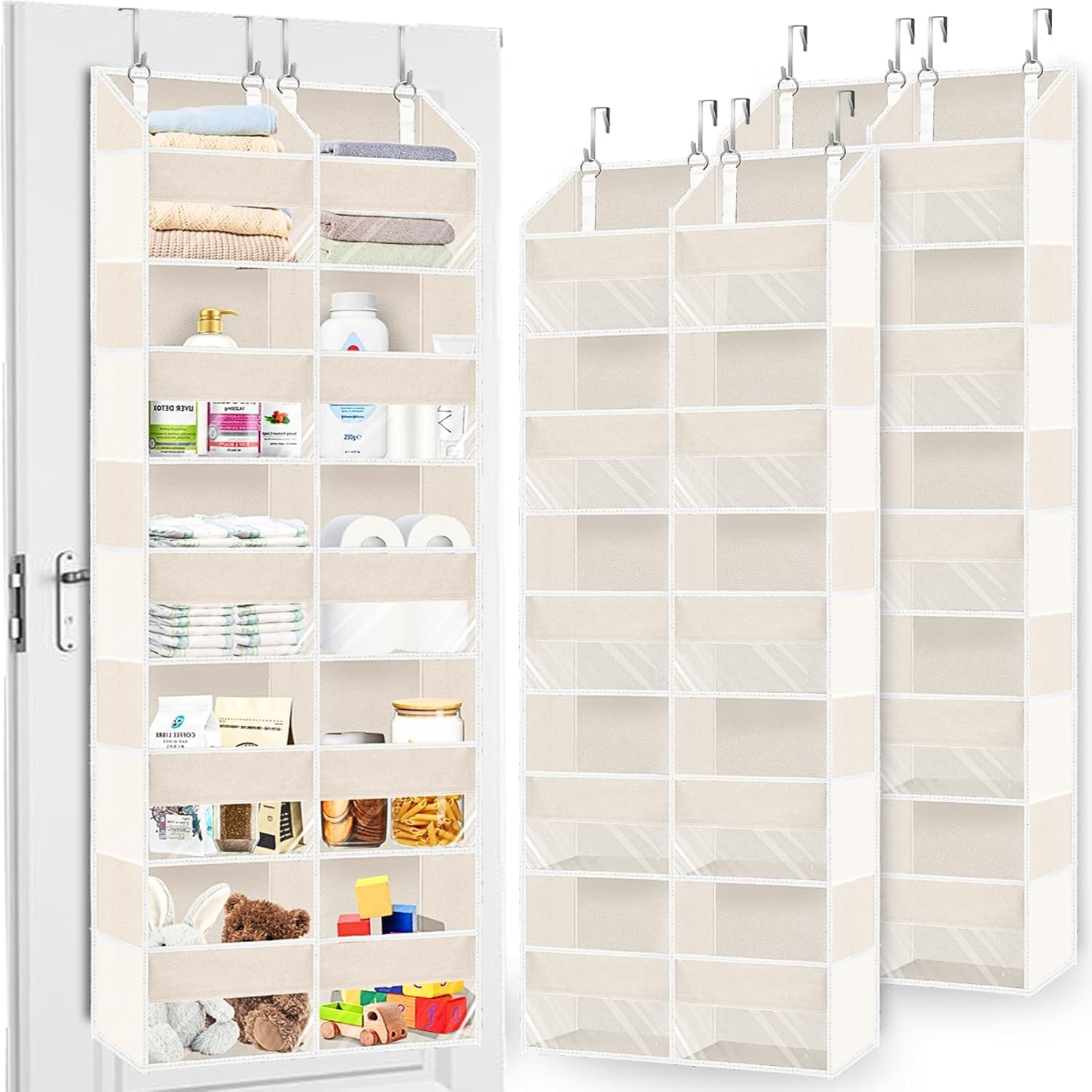Over the Door Organizer, 5-Tier Extra Large behind Door Storage with 10 Big Front & 10 Mesh Pockets, 80Lb Capacity, Hanging Storage Organizer with Clear Window Kids Toys, Shoes, Diapers, Light Grey