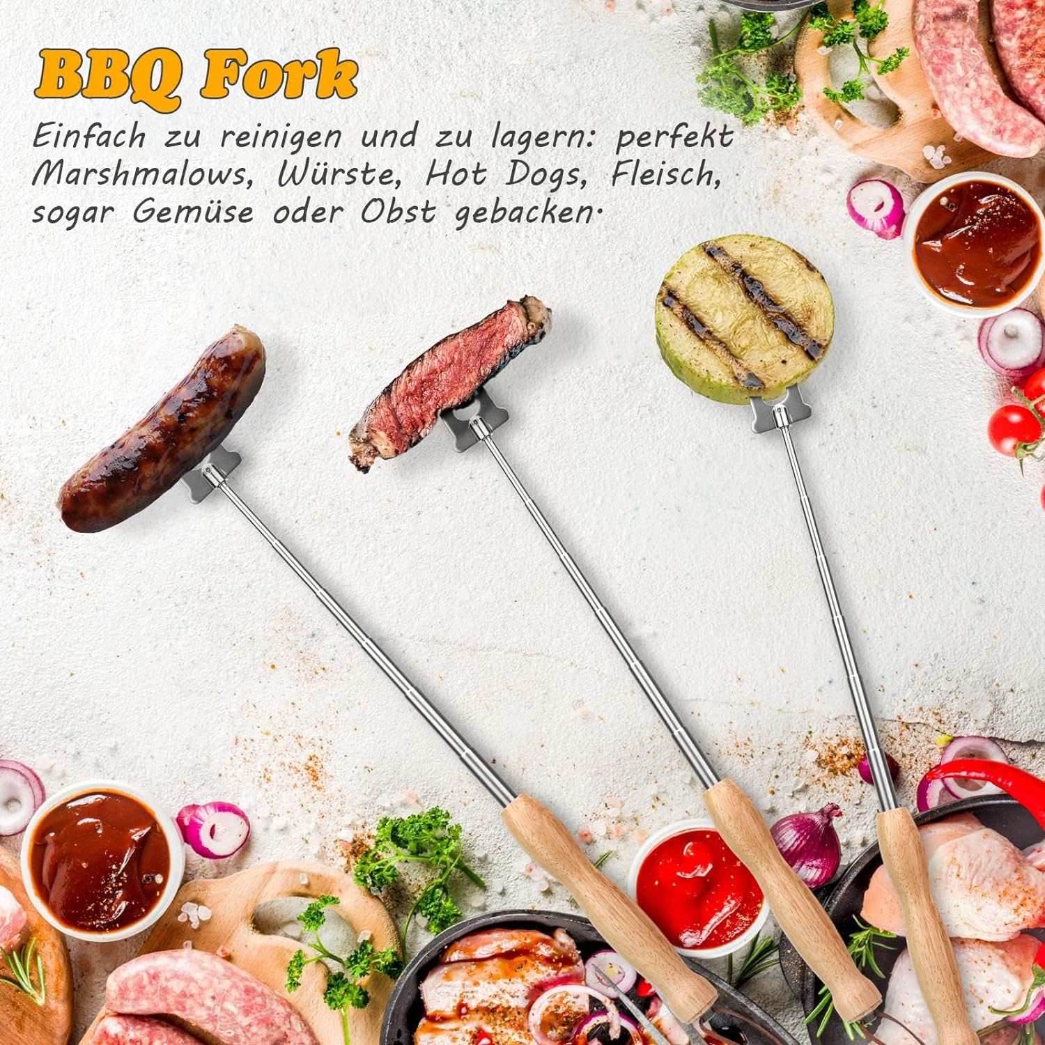 Barbecue Fork Extendible Stainless Steel Wooden Handle Long Campfire Telescopic Extendable Kebab Skewers Meat Fork for Grilling, Campfire and Camping(2 Pack) image number 5