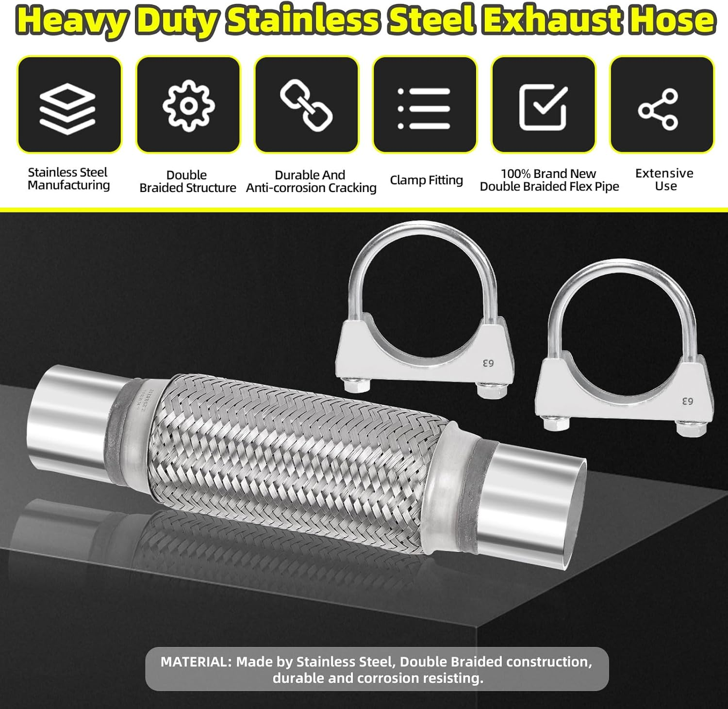 3Pcs Exhaust Flex Pipe Heavy Duty Stainless Steel Exhaust Flex Pipe Double Braid Exhaust Flex Tube U-Bolt Clamp Stainless Steel Muffler U-Bolt Clamps for Cars Trucks Buses Pipes(2" X 8" X 12") image number 4