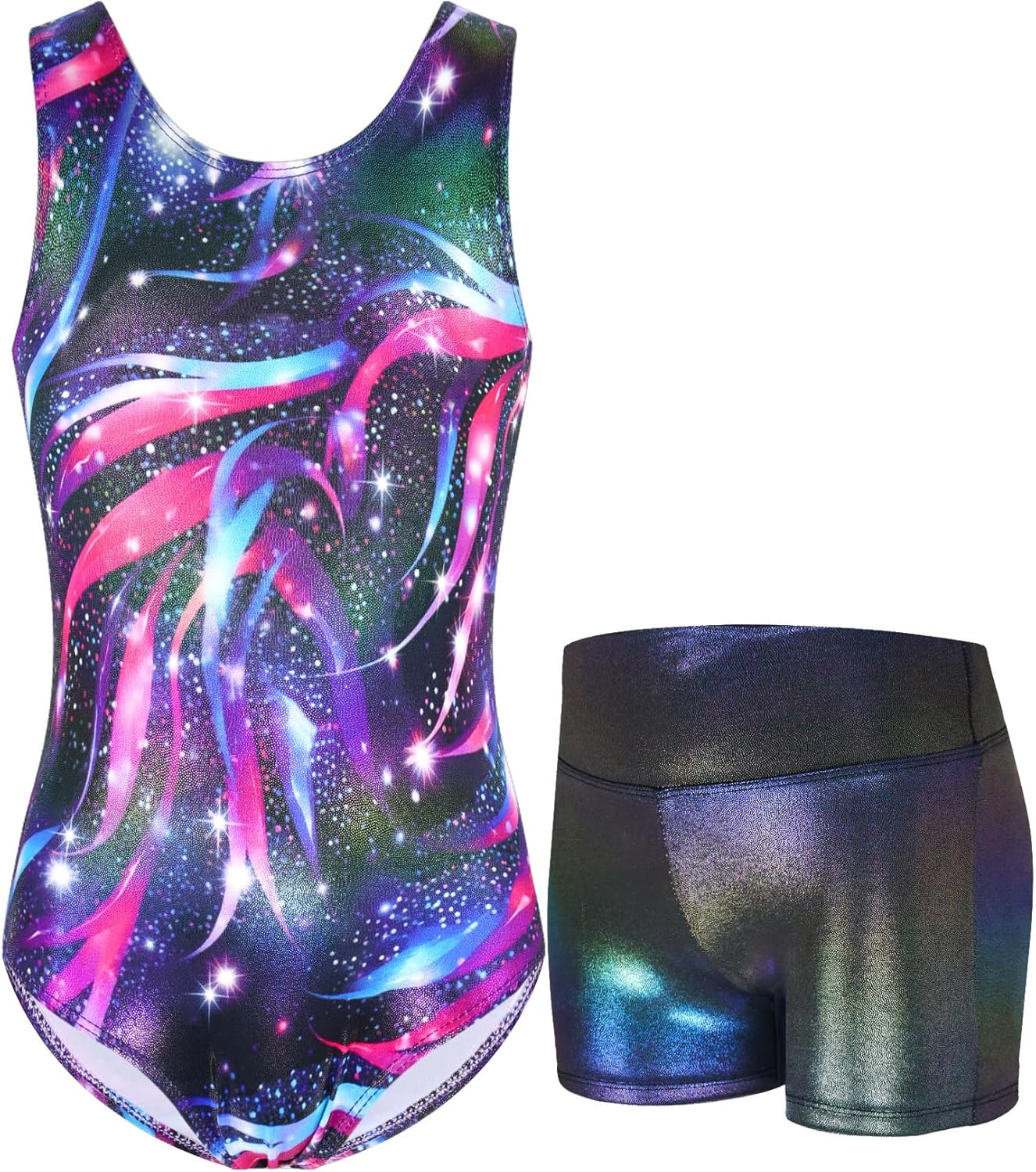 Gymnastics Leotards for Girls Sparkly Tumbling Bodysuits with Shorts Athletic Activewear Sleeveless Dance Outfit