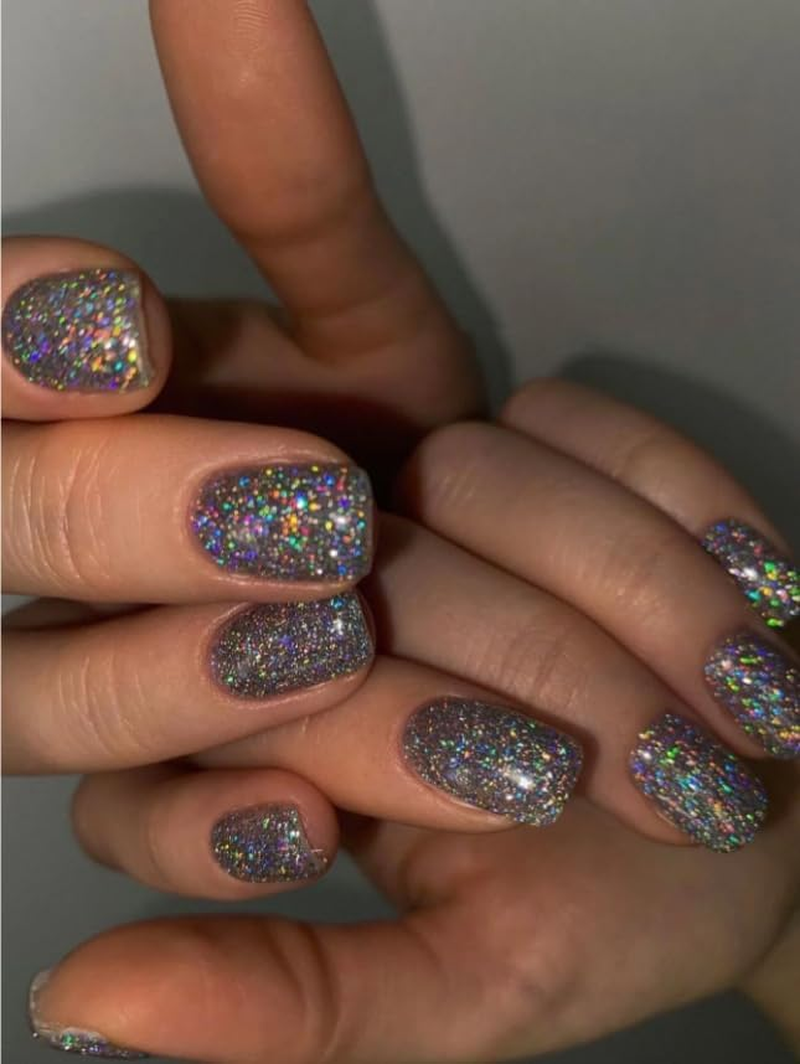 Press-On Nails, Classic Square, 24 Pieces, Reusable Nails with Protective Coating, Trending, Luxury (Dark Glitter - Square round - Holographic Glitter)