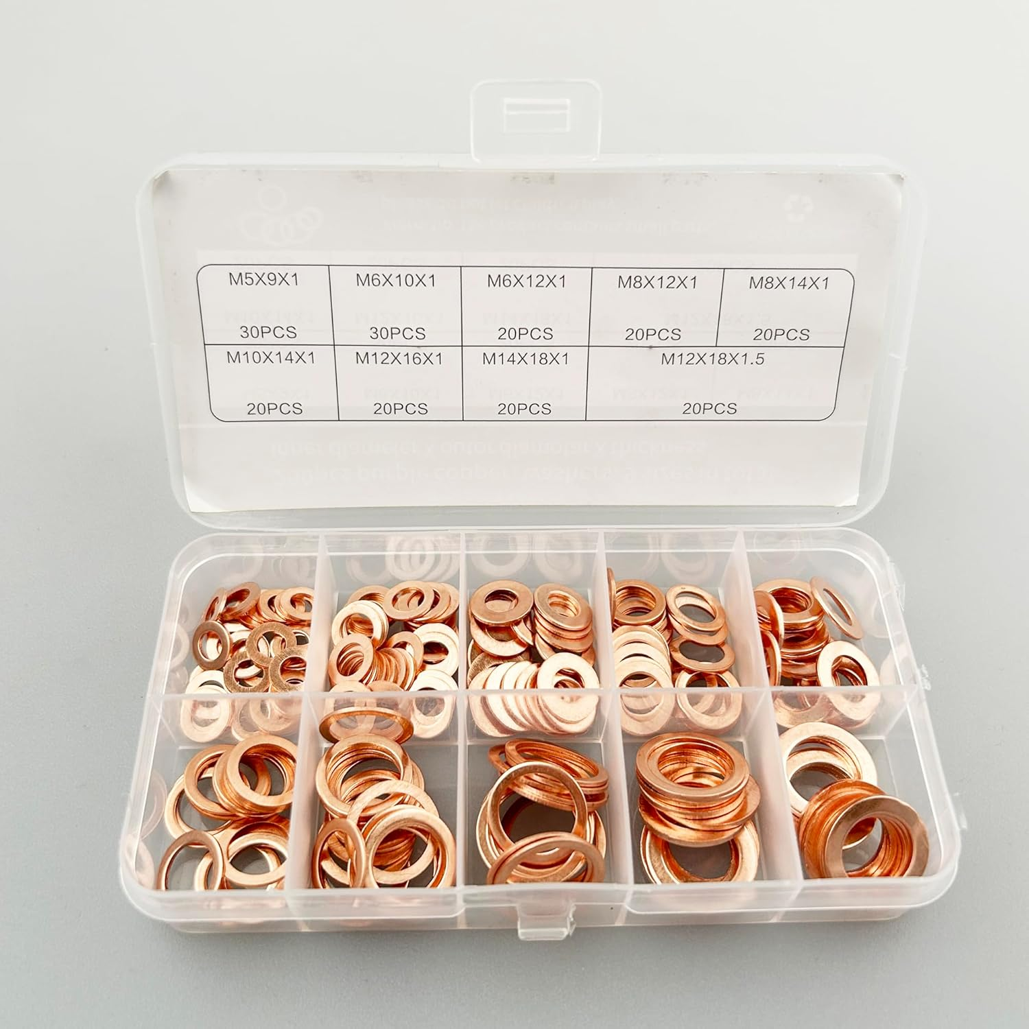 EFGTEK 200 Pcs Copper Flat Crush Washer Assortment Kit, 9 Sizes Metric Copper Sealing Flat Washers Set M5,M6,M8,M10,M12,M14 image number 2