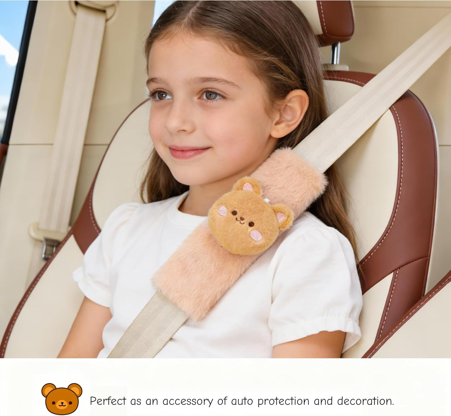 2 PCS Seat Belt Cover Pad, Cute Kawaii Cartoon Seatbelt Covers for Kids and Women, Winter Plush Fluffy Soft Seat Belt Cover, Bunny Dog Bear Seatbelt Cushion,Car Seat Strap Pads (F-Bear) image number 1