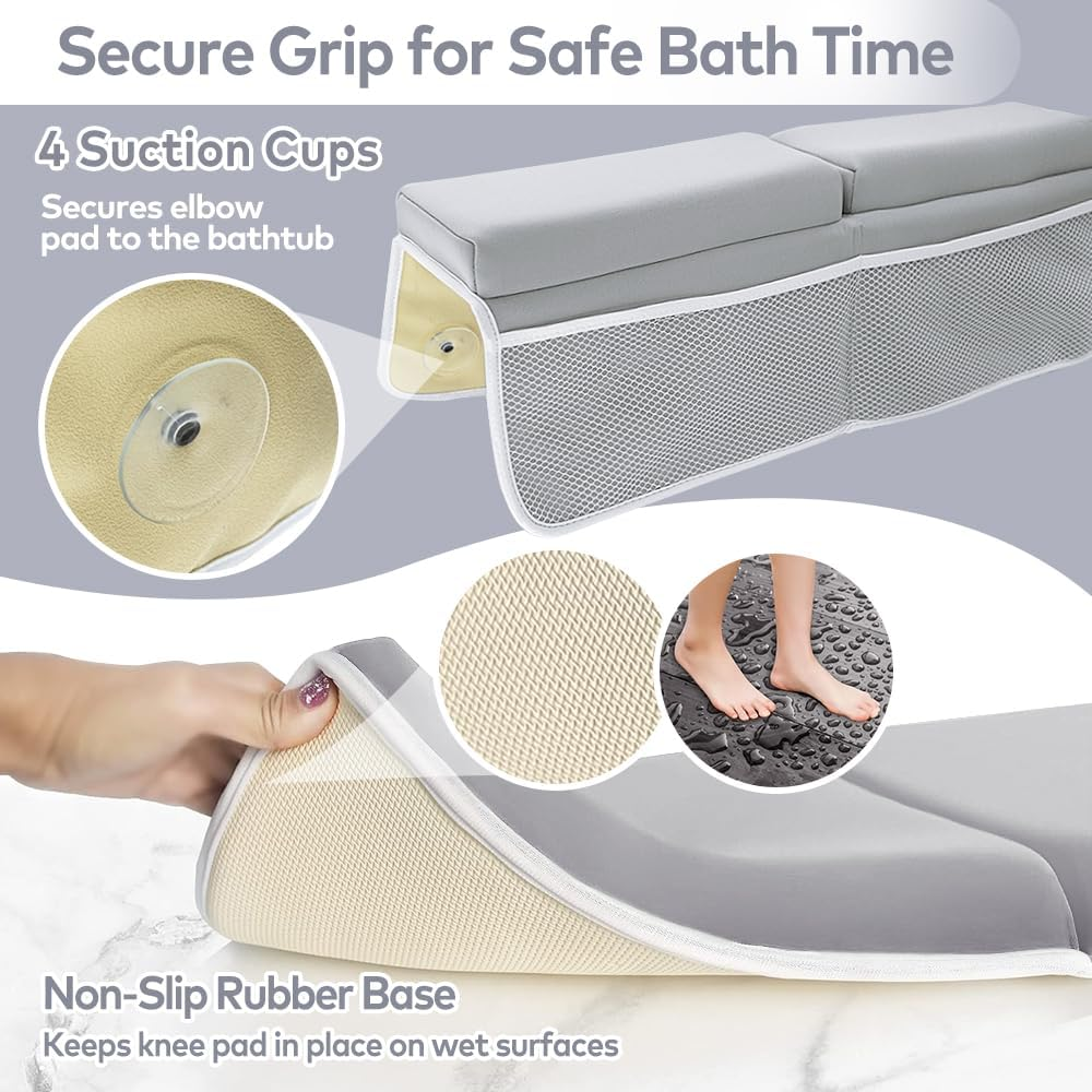 4PCS Baby Bath Kneeler and Elbow Rest Pad Set,1.5'' Bath Kneeler Pads,Elbow Pad with 4 Pockets,Non-Slip Knee & Arm Support Bathtub Mat with a Hook & a Bag(Grey)