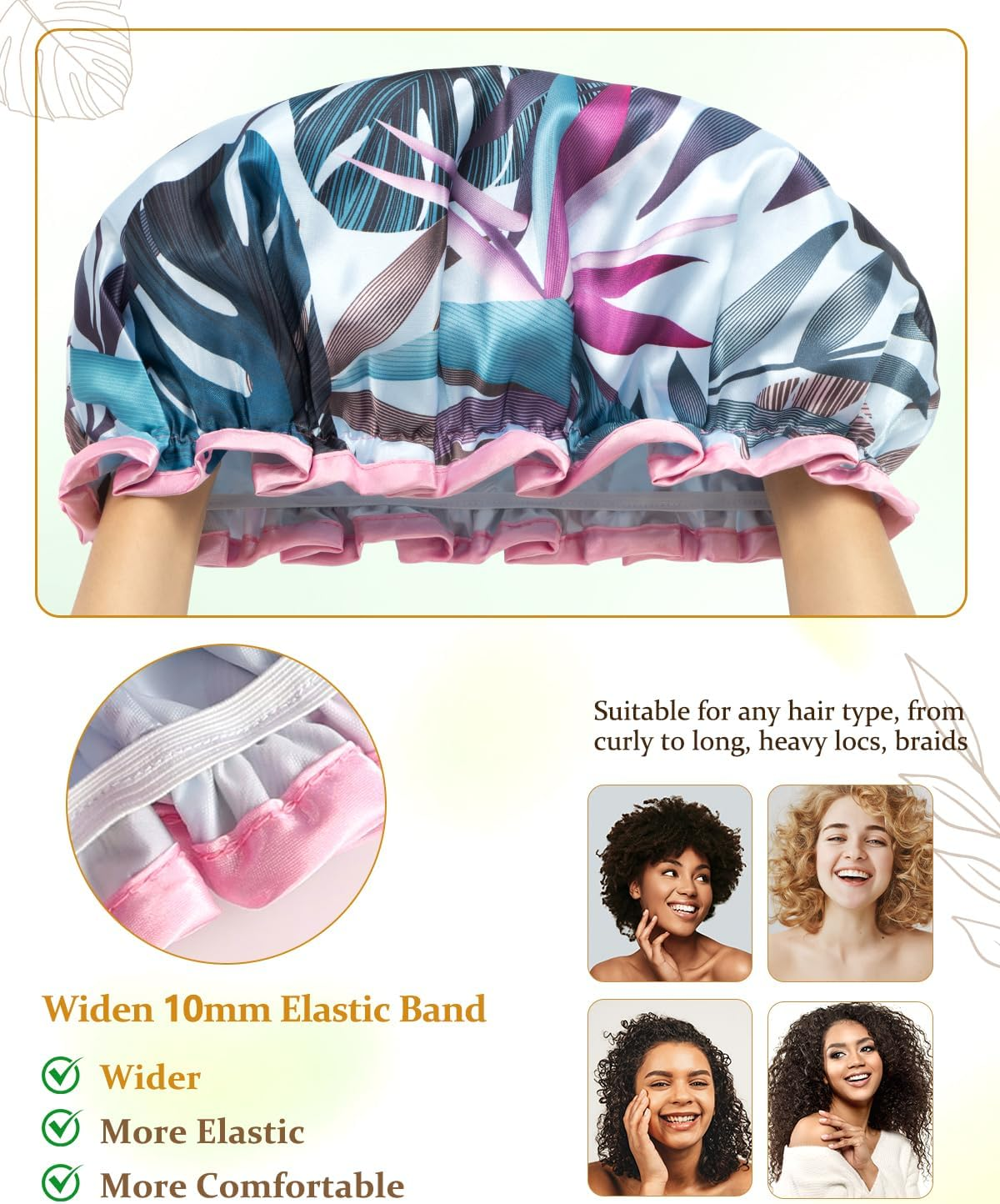 Mikimini Large Shower Cap for Women Reusable Waterproof, Hair Cap for Shower with Double Layers, Tropic Style Hair Cover with Elastic Band for Shower Suit for Meidum Hair, Braids, Meidum