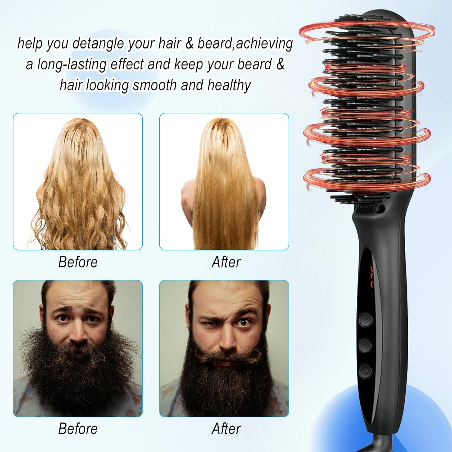 Hair Straighteners Brush,Yakiter,Hair Straightener Brush with 30S Fast Heating & 12 Temperature Settings, Anti-Scald Beard Brush with LCD Display, Multifunctional Straightening Brush
