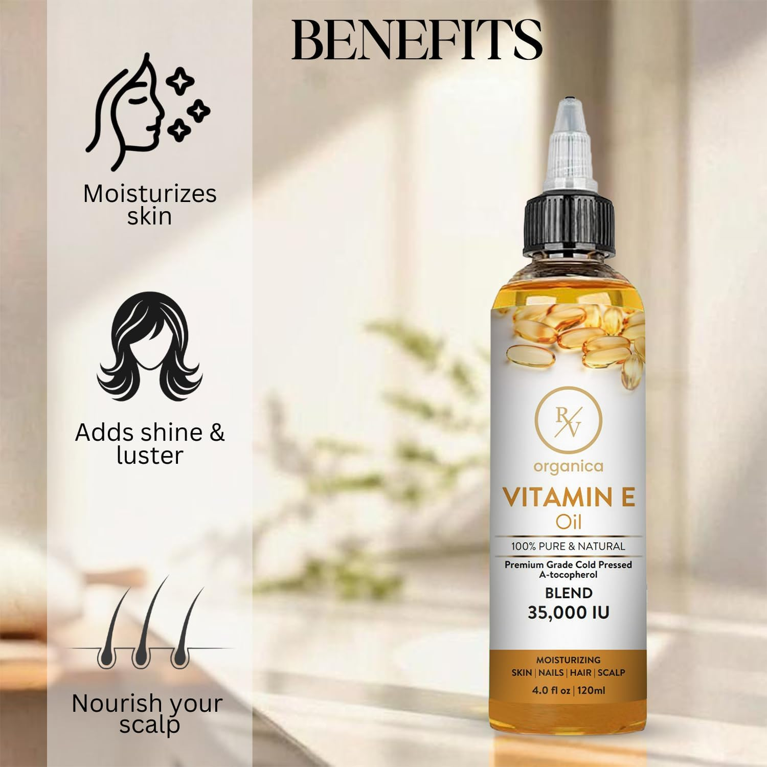 RV Organica 100% Pure Vitamin E Oil 35000 IU | Premium Grade Cold-Pressed and Tocopherol | with Relaxers for Skin Face Body Hair & Nail Moisturiser | 120ML image number 4