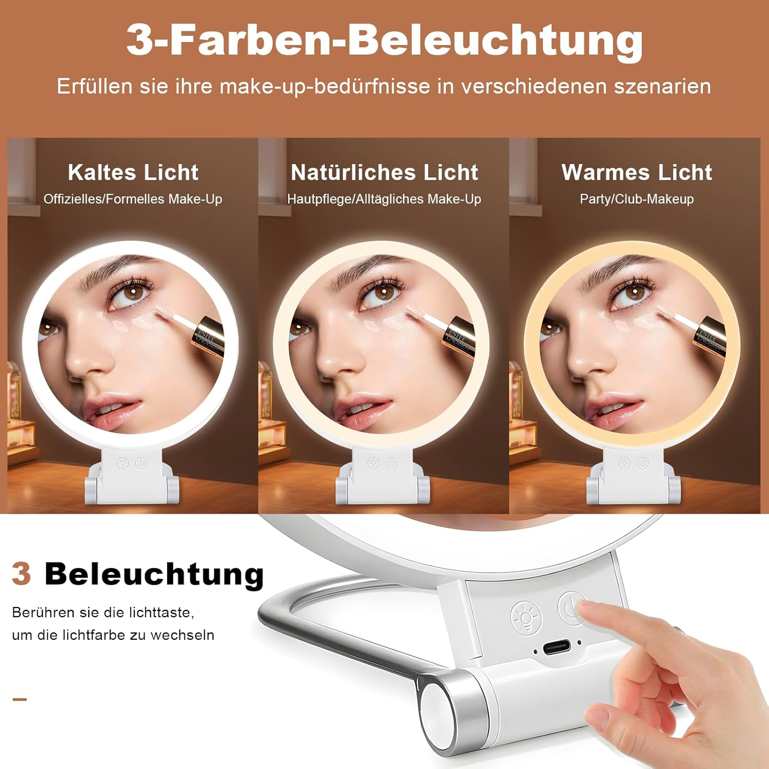 Moorstdel Cosmetic Mirror with Lighting, 1X/10X Magnifying Mirror with Light, Double Sided with 3 Colours, Magnifying Mirror, Dimmable LED, Foldable Cosmetic Mirror, White image number 2