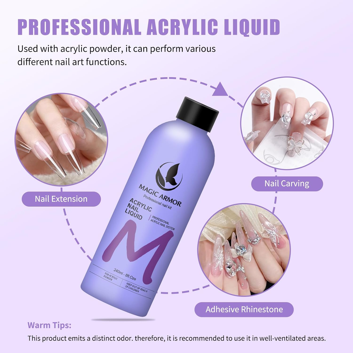 MAGIC ARMOR Acrylic Nail Liquid - 240Ml Professional Non-Yellowing, Mma-Free for Acrylic Nail Extension Acrylic Powder Application Nails Quick Dry for Nail Art Beginners DIY Home Nail Salons image number 1