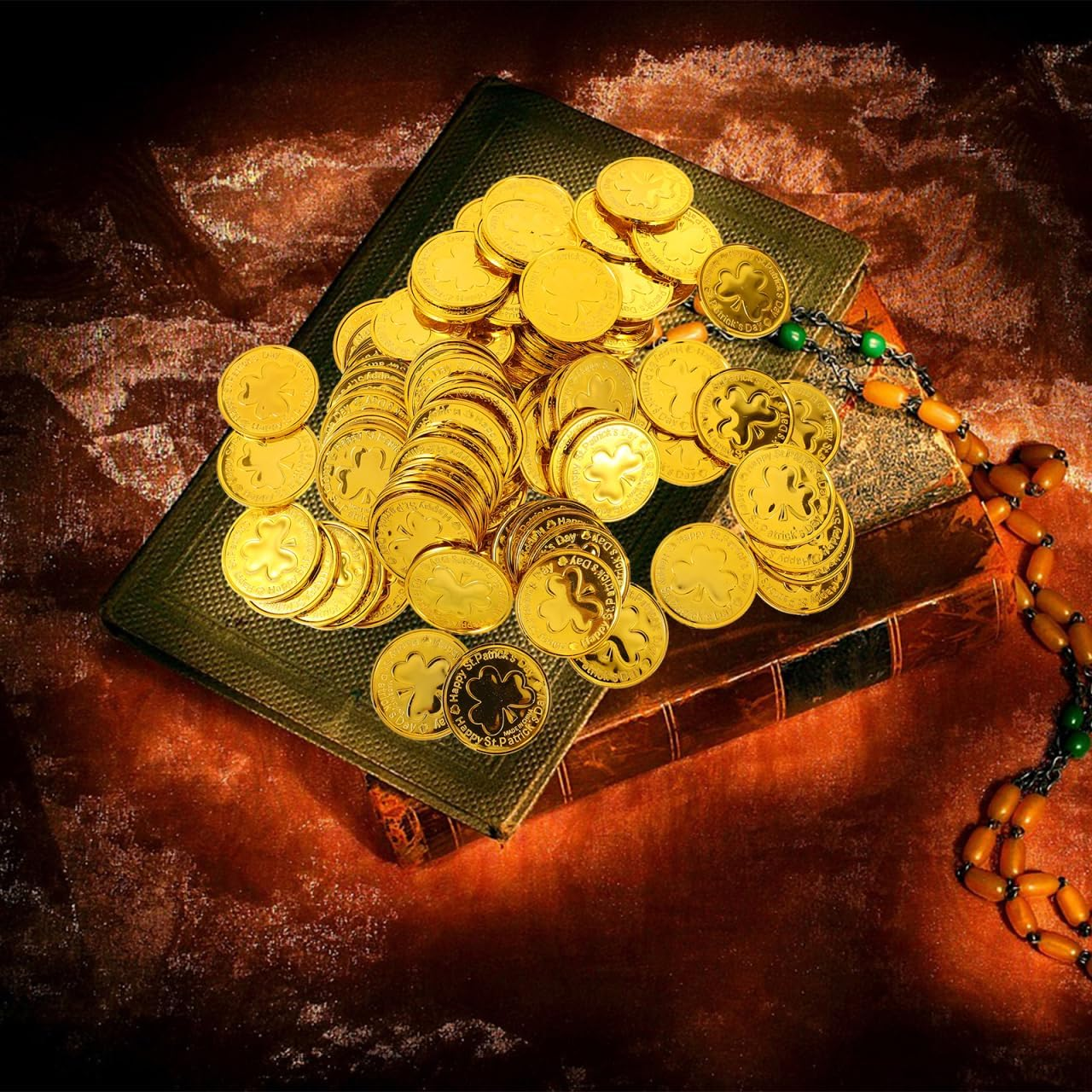 Ibasenice 100Pcs Coin St. Patricks Day Table Decor Practical Shamrock Coin Chocolate Coins Clovers Coins Golden Green Lucky Coins Toy Festival Supplies Make up Plastic image number 4