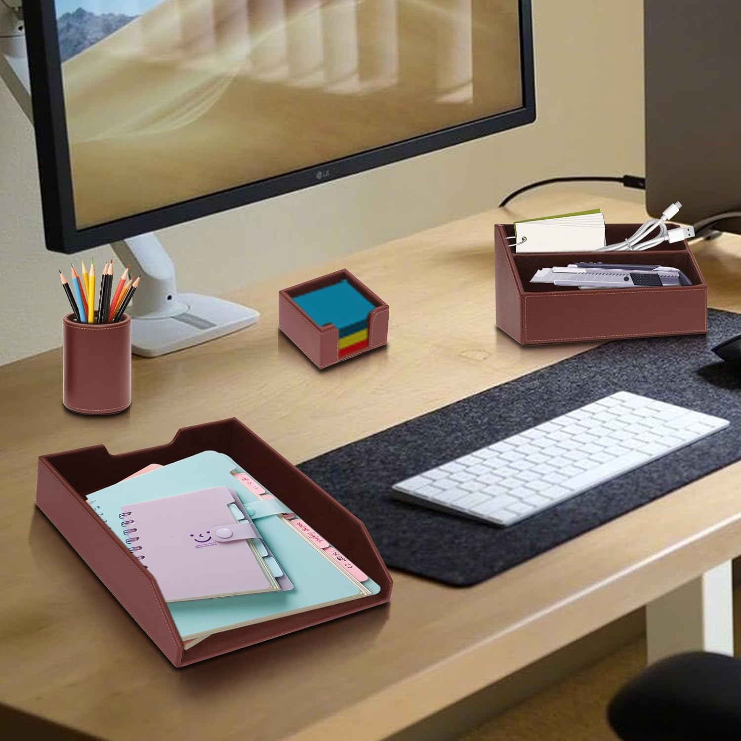 XNONE Office Supplies PU Leather 6-Piece Desk Organizer with Writing Pad, Letter Tray, File Folder Sorter, Pen Cup, Note Holder, Business Card Holder - Brown