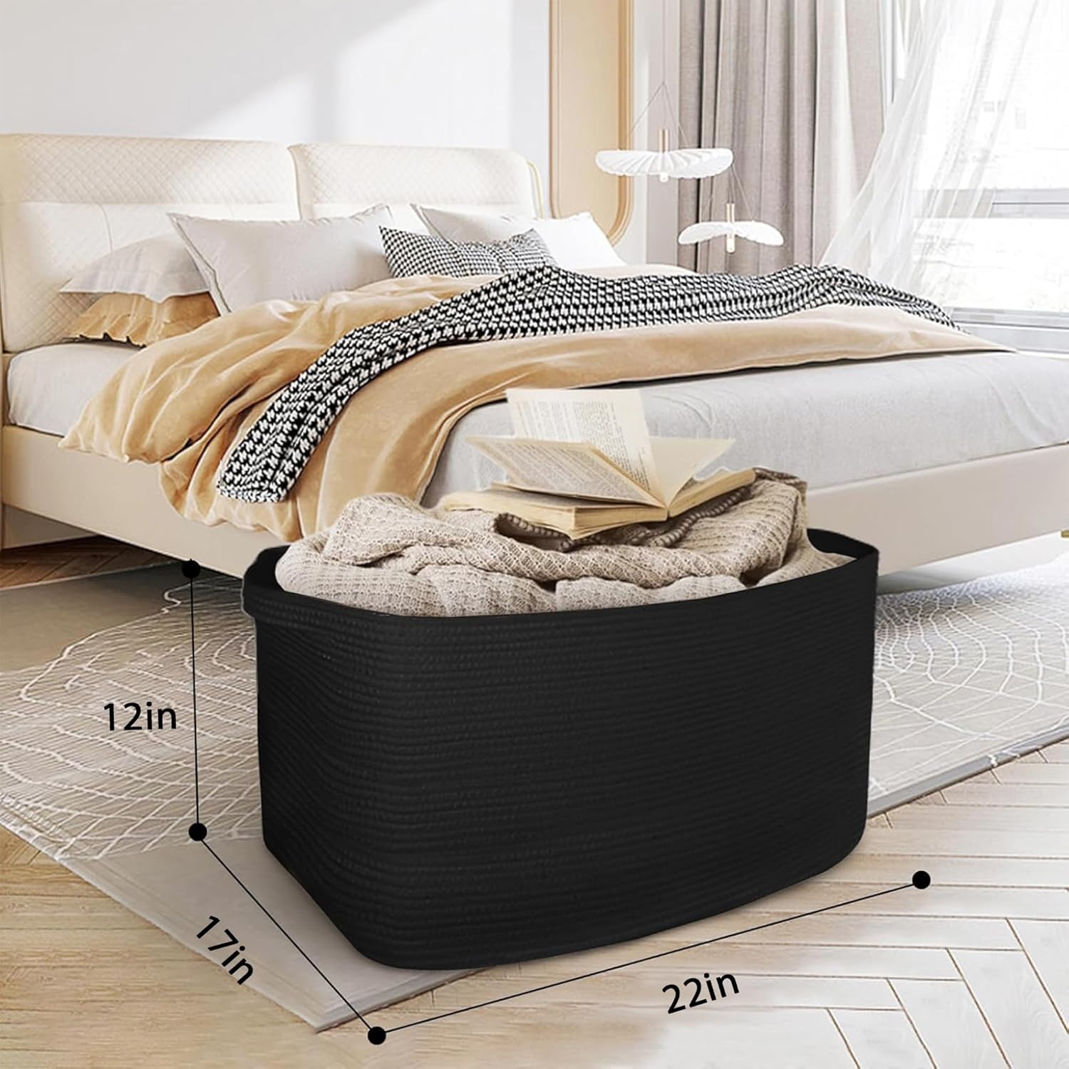 HONCESTA Extra Large Black Basket, 22" X 17" X 12" Rectangle Woven Storage Container, Soft Cotton Rope Kids Room Toy Box Bins, Big Wicker Organizer for Blankets, Pillows, Laundry - Black image number 2