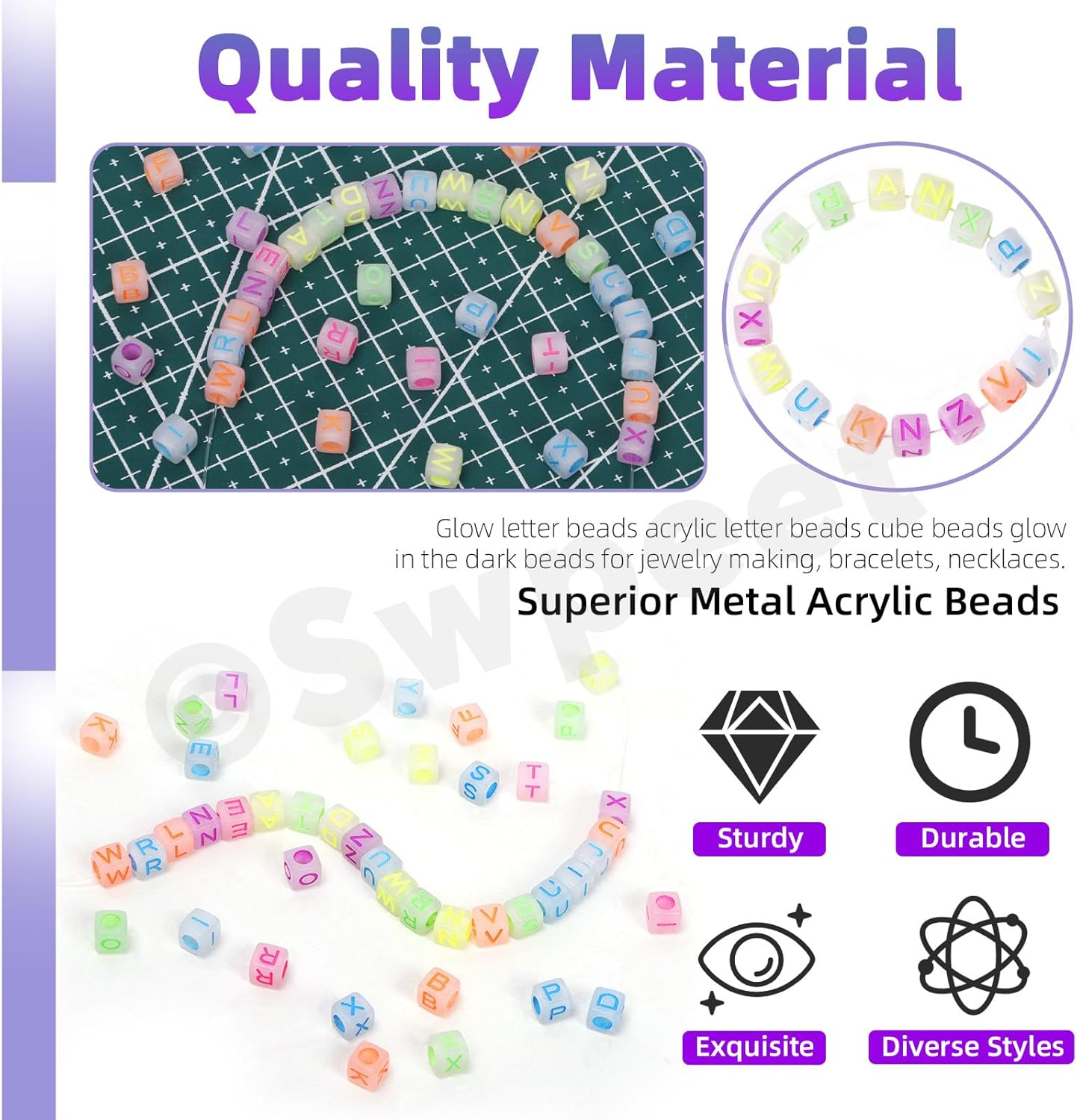 Swpeet 1002Pcs Glow Letter Beads A-Z Colorful Alphabet Beads with Stretch Bead Cord and Scissors, Glow in the Dark Cube Beads for Jewelry Making DIY Bracelets, Necklaces, Keychain image number 4